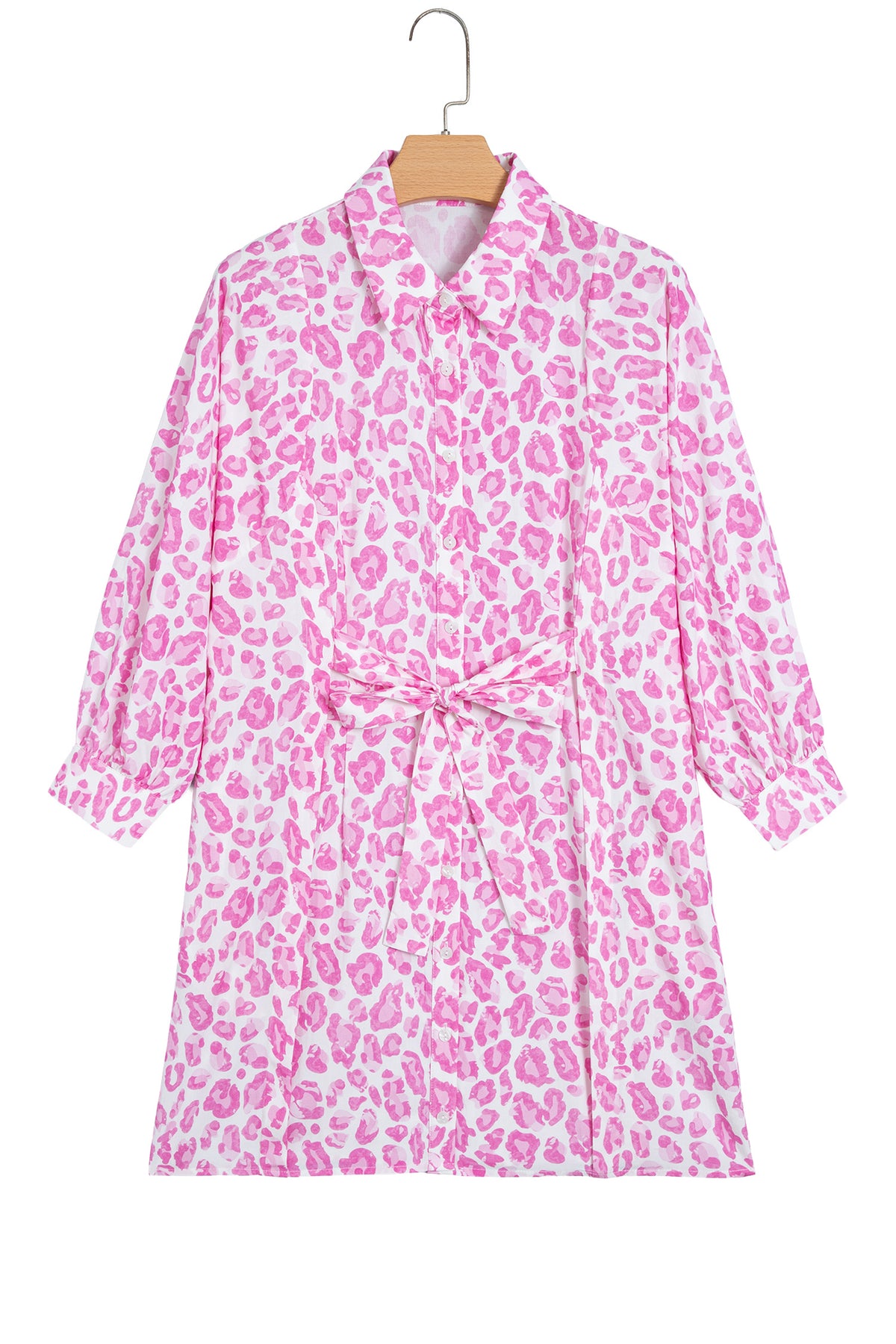 Pink Abstract Leopard Print Tie Waist Puff Sleeve Mini Shirt Dress-TOPS / DRESSES-[Adult]-[Female]-2022 Online Blue Zone Planet