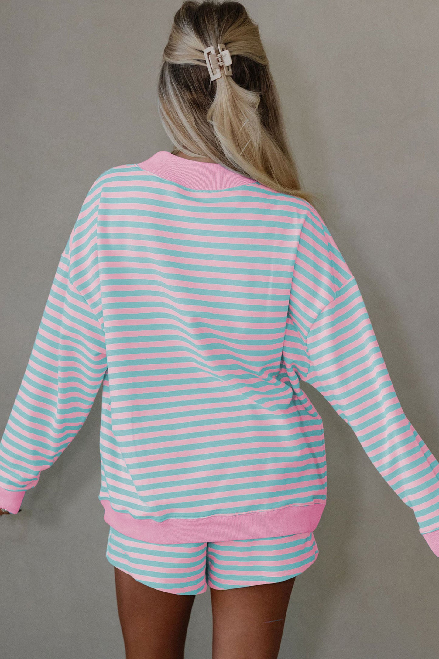 Pink Stripe Color Block Detail Long Sleeve Pullover Elastic Waist Pull On Shorts 2pcs Set-Two Piece Sets/Short Sets-[Adult]-[Female]-2022 Online Blue Zone Planet