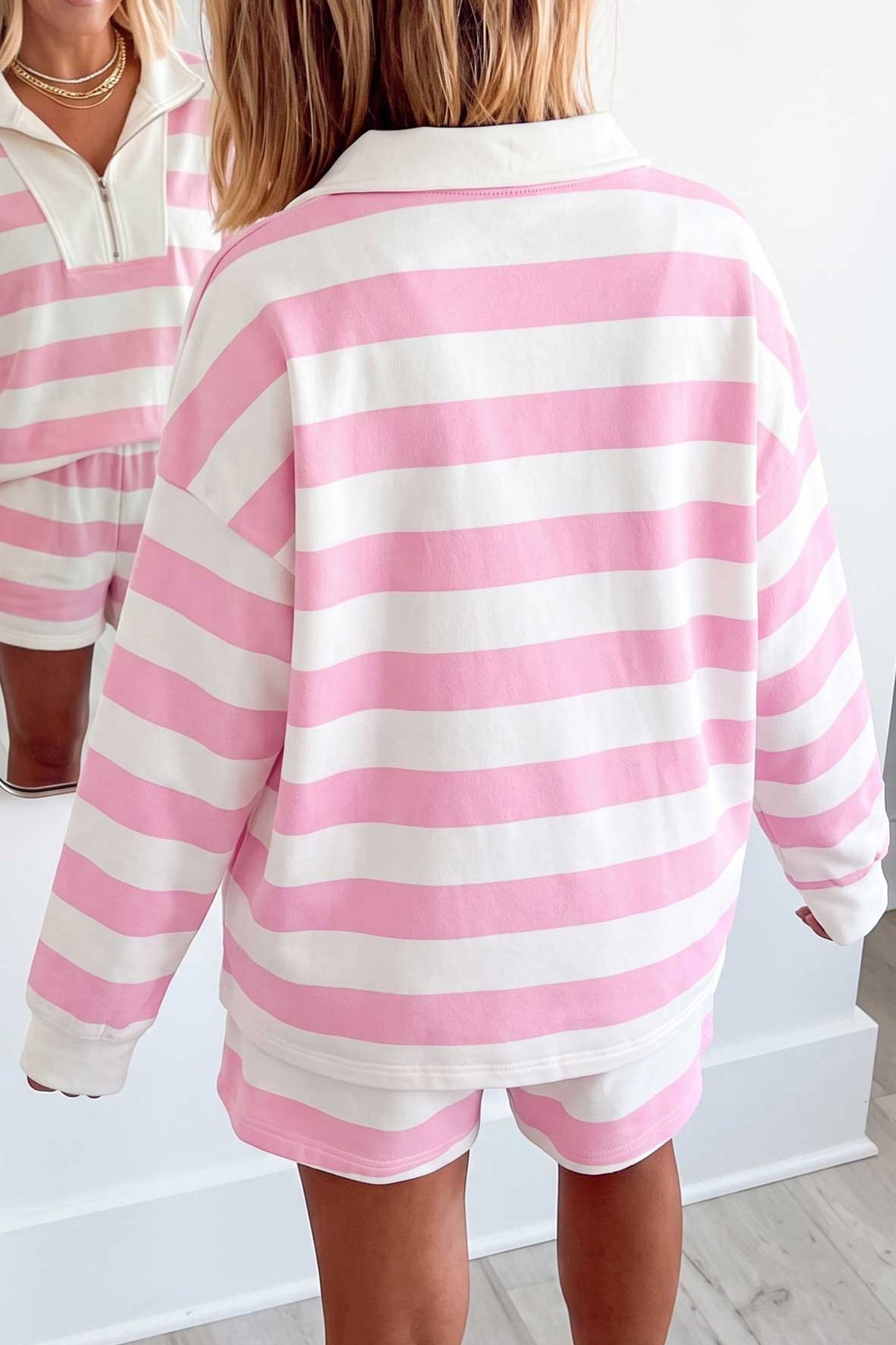 Pink Stripe Patchwork Zipper Pullover Elastic Waist Shorts 2pcs Set-Two Piece Sets/Short Sets-[Adult]-[Female]-2022 Online Blue Zone Planet