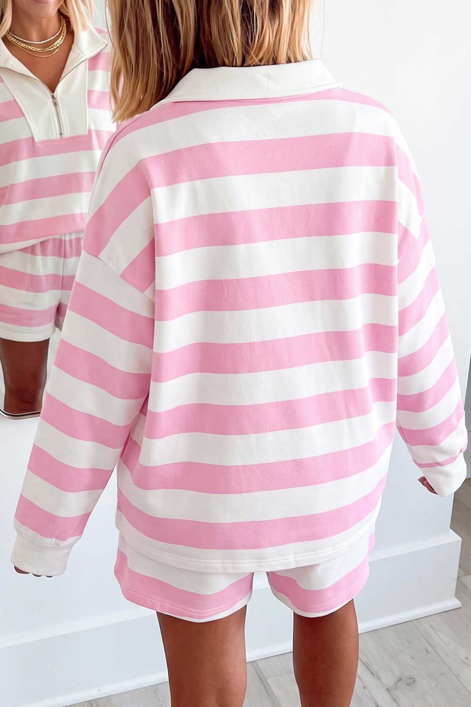 Pink Stripe Patchwork Zipper Pullover Elastic Waist Shorts 2pcs Set-Two Piece Sets/Short Sets-[Adult]-[Female]-2022 Online Blue Zone Planet
