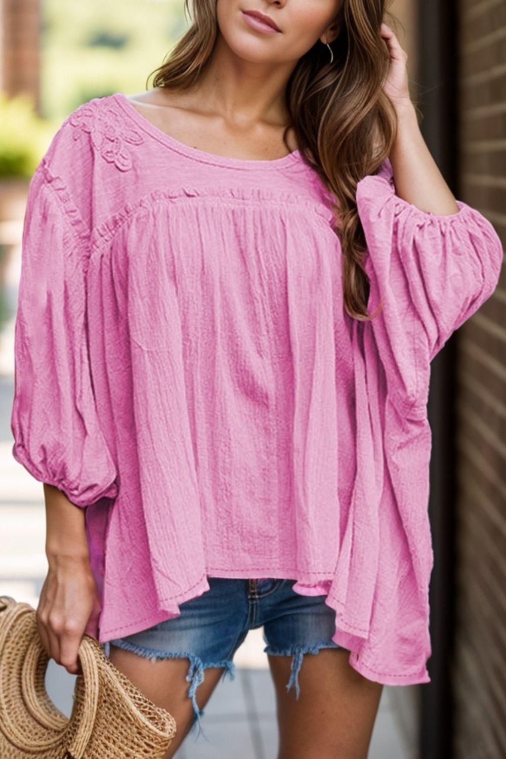 Dropped Shoulder Round Neck Blouse-TOPS / DRESSES-[Adult]-[Female]-Pink-S-2022 Online Blue Zone Planet