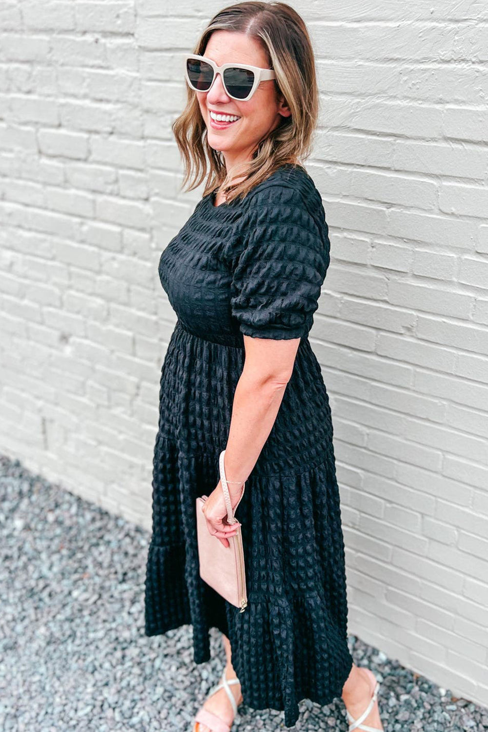 Black Plus Size Textured Tiered Short Sleeve Maxi Dress-TOPS / DRESSES-[Adult]-[Female]-2022 Online Blue Zone Planet