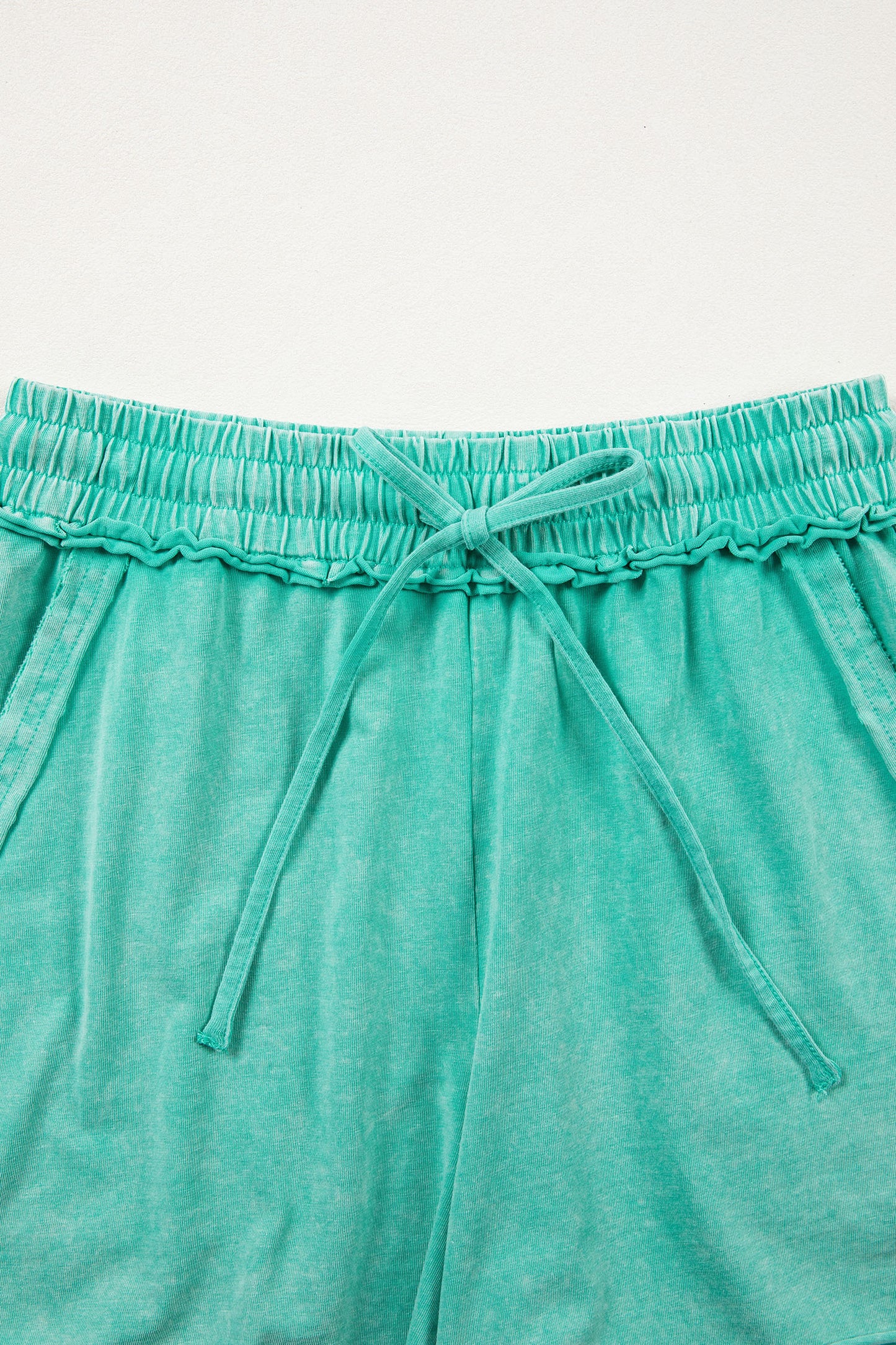 Sea Green Mineral Washed Drawstring Elastic Waist Raw Cut Shorts-Bottoms/Casual Shorts-[Adult]-[Female]-2022 Online Blue Zone Planet