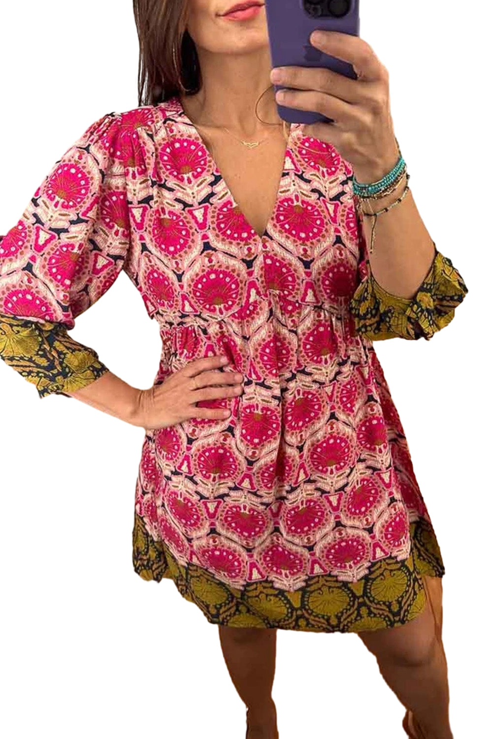 Strawberry Pink Retro Printed V Neck Bracelet Sleeve Dress-TOPS / DRESSES-[Adult]-[Female]-2022 Online Blue Zone Planet