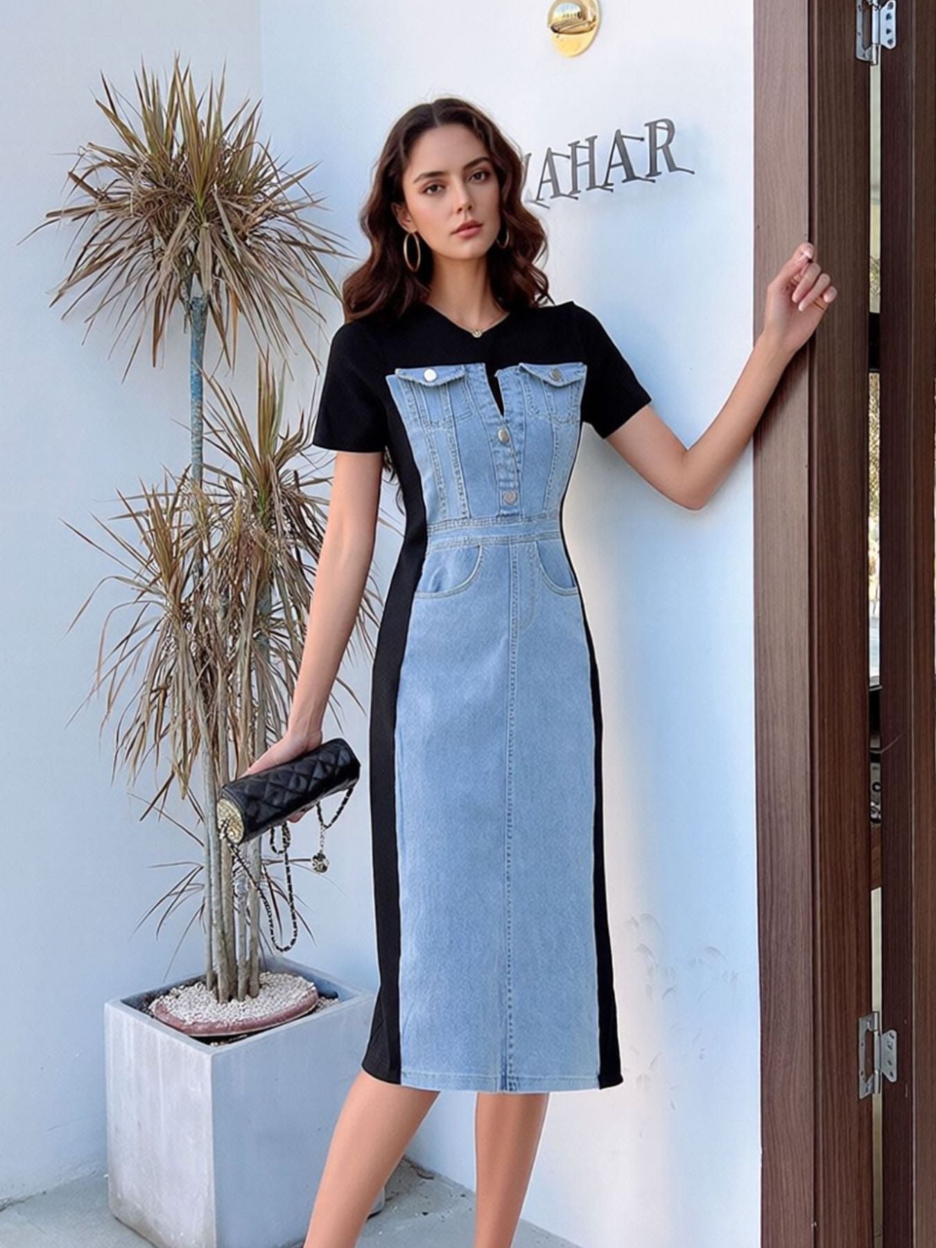 Full Size Denim Patchwork Short Sleeve Slit Back Dress Plus Size Dark Blue / L