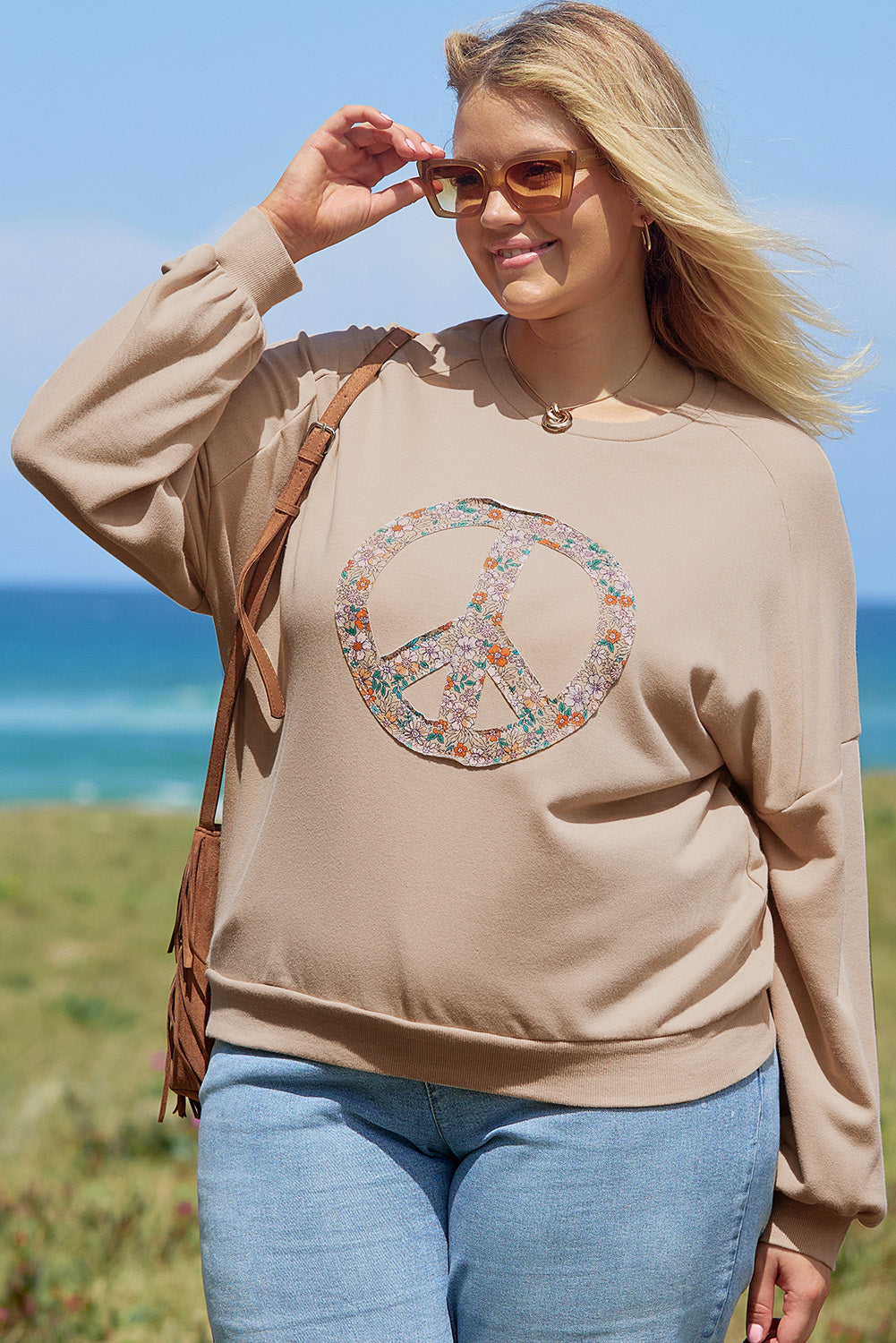 Blue Zone Planet | Pale Khaki Floral Peace Sign Graphic Washed Terry Plus Size Sweatshirt-TOPS / DRESSES-[Adult]-[Female]-2022 Online Blue Zone Planet