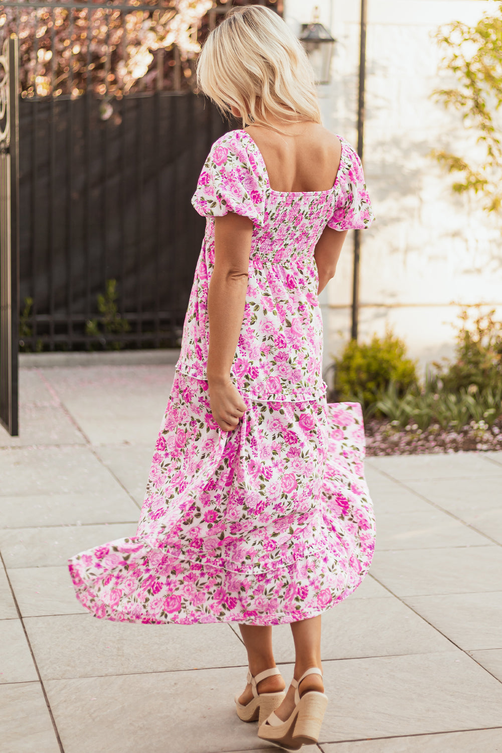 Pink Dainty Floral Smocked Puff Sleeve Flowy Long Dress Pink Dainty Floral Smocked Puff Sleeve Flowy Long Dress