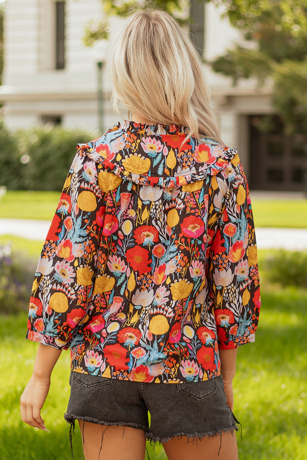 Black Floral 3/4 Puff Sleeve Tied Neck Blouse-Tops/Blouses & Shirts-[Adult]-[Female]-2022 Online Blue Zone Planet