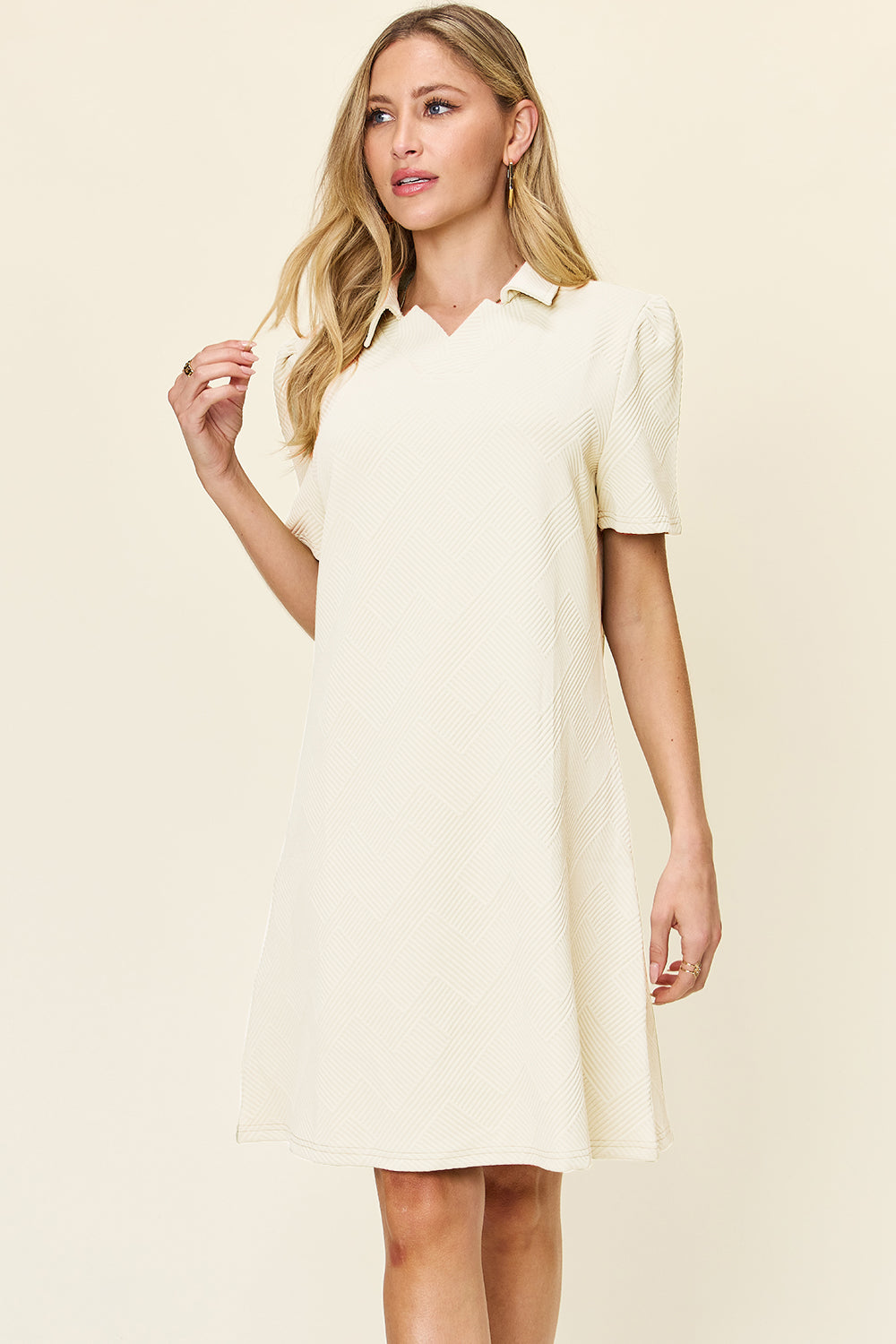 Blue Zone Planet | Double Take Full Size Texture Collared Neck Short Sleeve Dress-TOPS / DRESSES-[Adult]-[Female]-Cream-S-2022 Online Blue Zone Planet