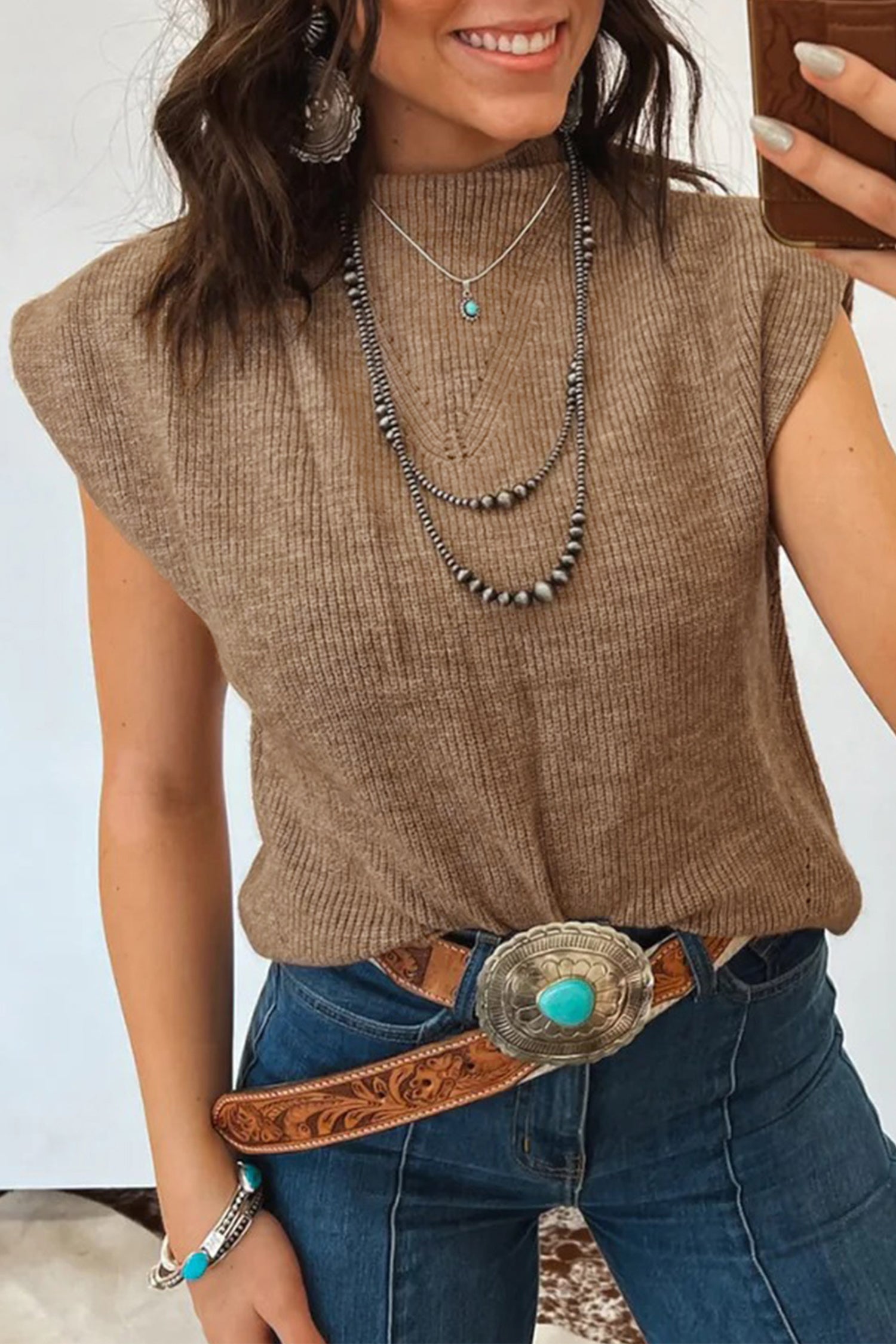Light French Beige Solid Color Ribbed Knit Mock Neck Loose Sleeveless Sweater-TOPS / DRESSES-[Adult]-[Female]-Light French Beige-S-2022 Online Blue Zone Planet
