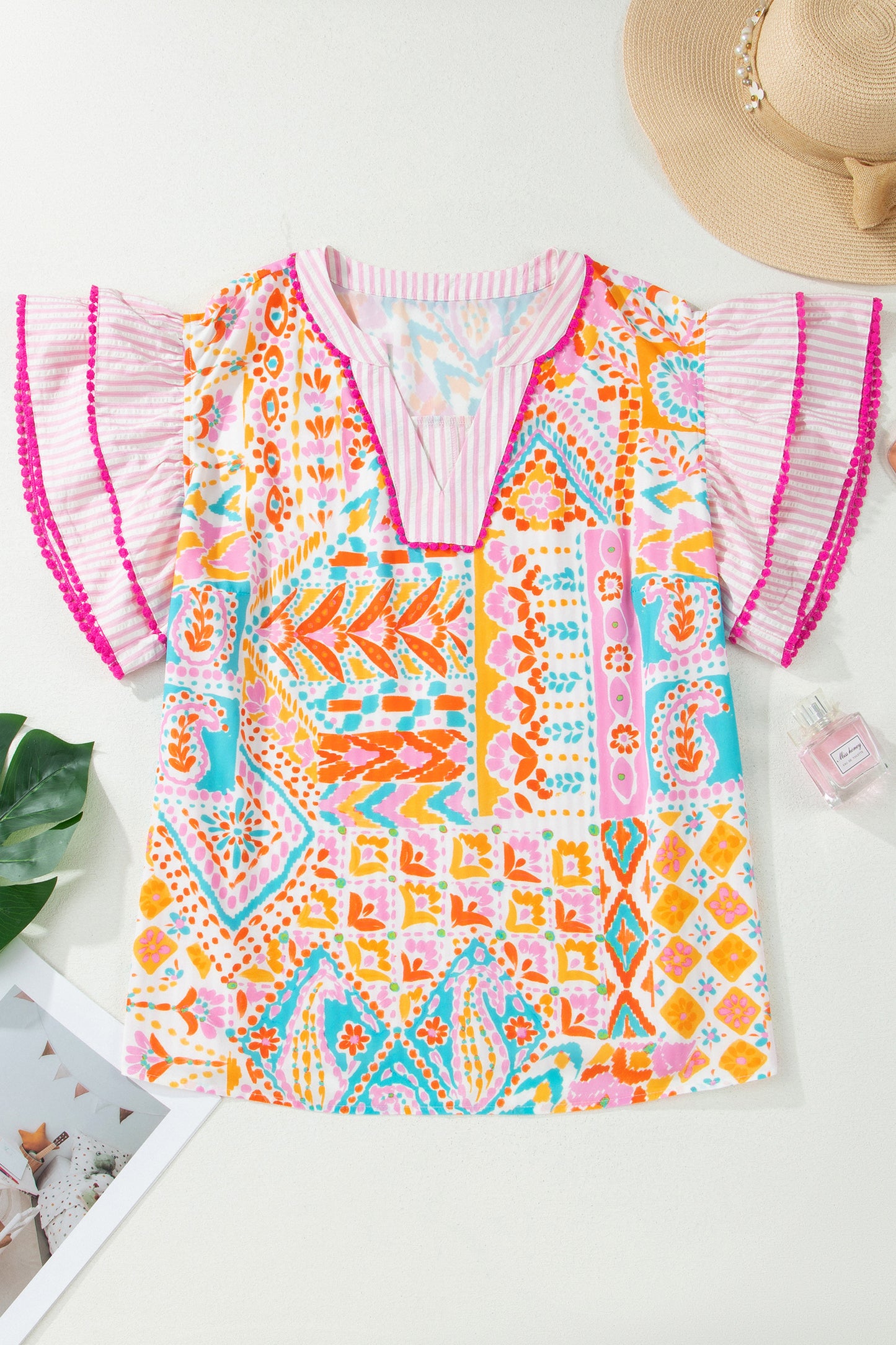 Rose Plus Size Geometric Print Contrast Trim Striped V Neck Blouse-Plus Size/Plus Size Tops/Plus Size Blouses & Shirts-[Adult]-[Female]-2022 Online Blue Zone Planet