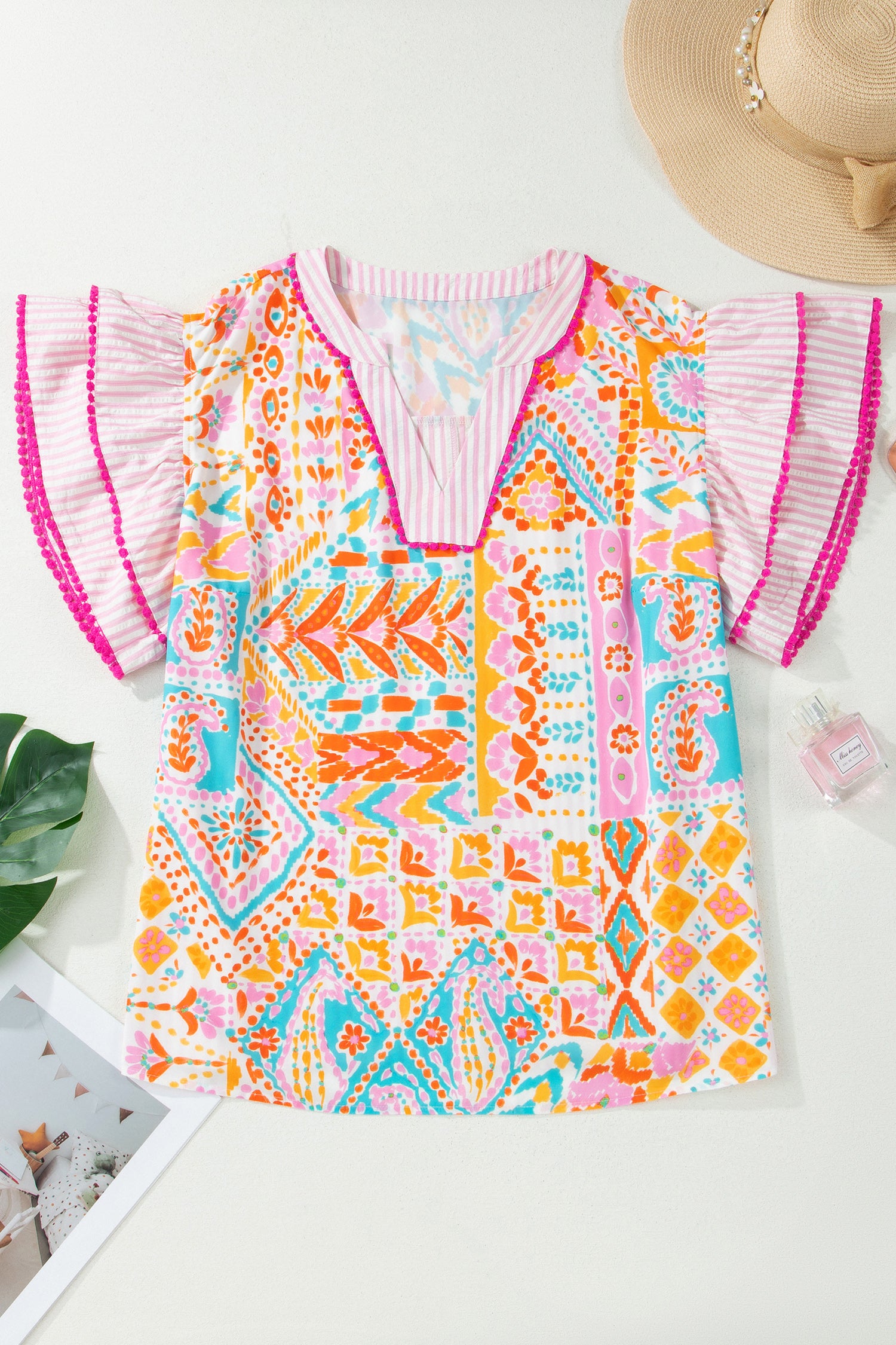 Rose Plus Size Geometric Print Contrast Trim Striped V Neck Blouse-Plus Size/Plus Size Tops/Plus Size Blouses & Shirts-[Adult]-[Female]-2022 Online Blue Zone Planet