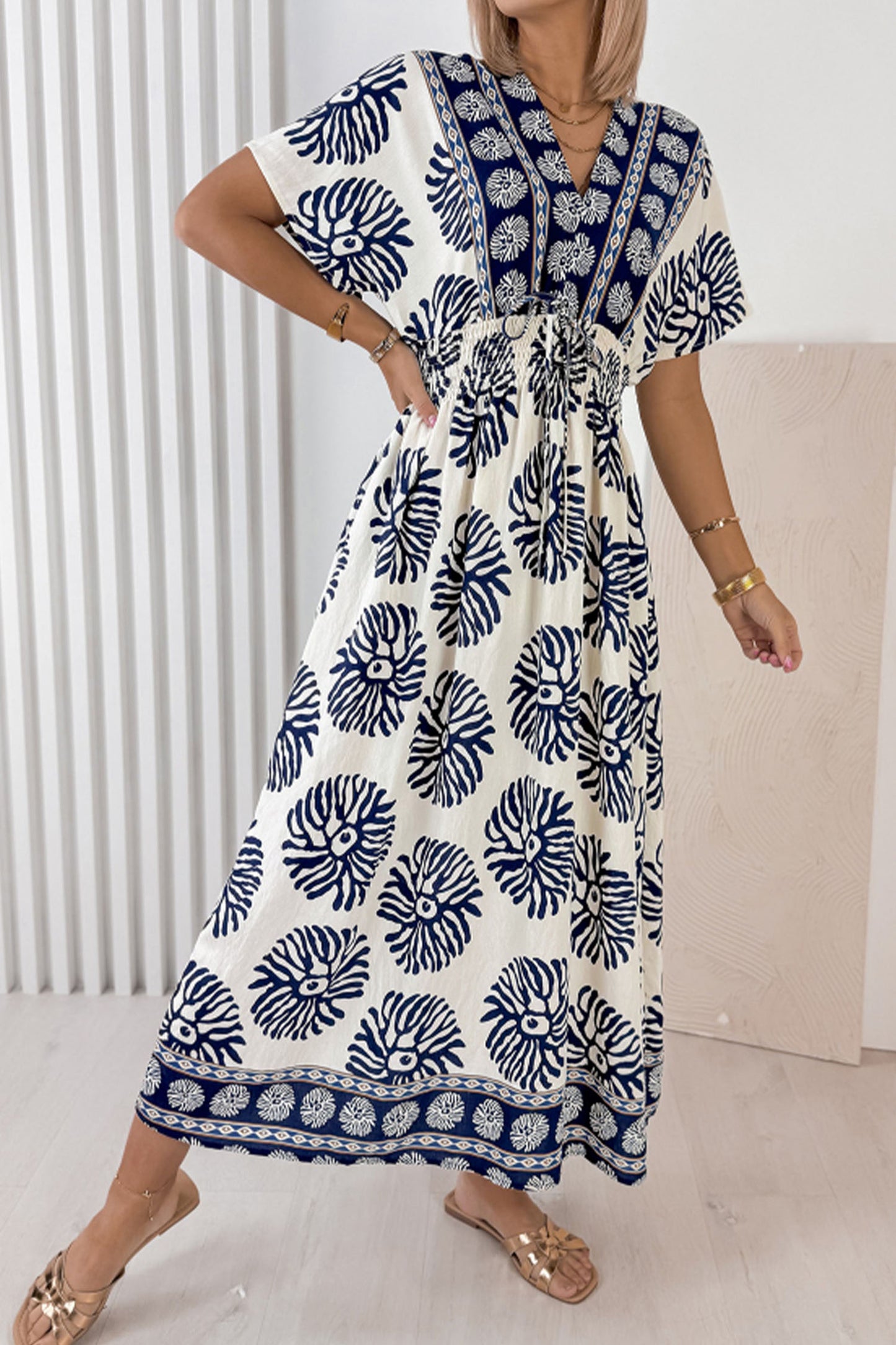 Blue Boho Floral Print Contrast Patchwork V Neck Dolman Maxi Dress-TOPS / DRESSES-[Adult]-[Female]-2022 Online Blue Zone Planet