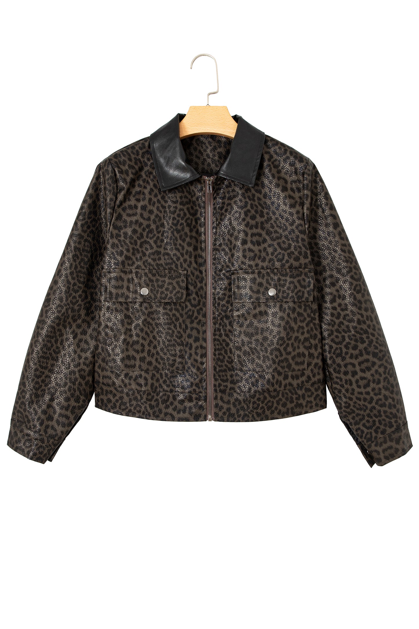 Multicolour Leopard Print Colorblock Collar Metal Placket Jacket-Outerwear/Jackets-[Adult]-[Female]-2022 Online Blue Zone Planet