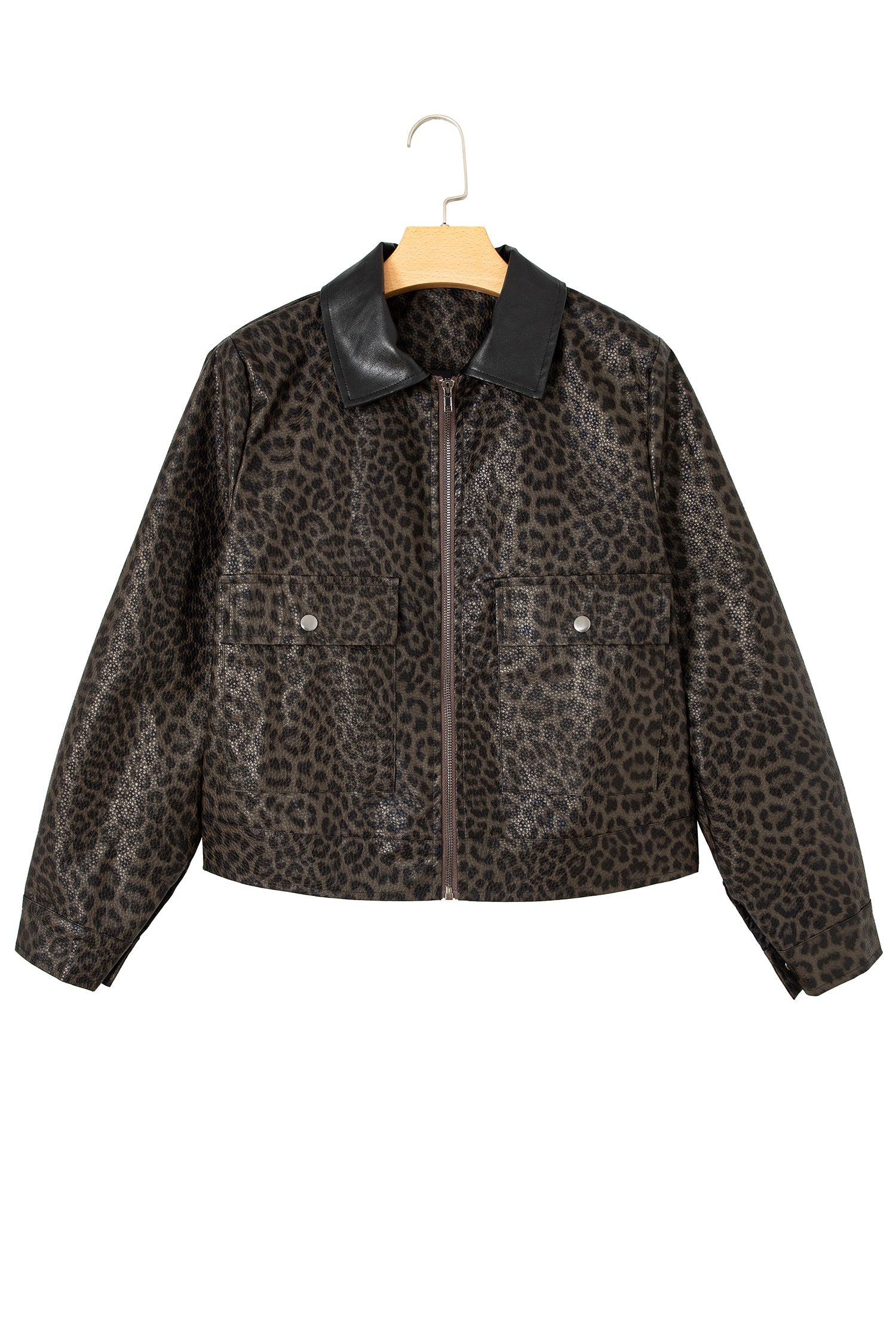 Multicolour Leopard Print Colorblock Collar Metal Placket Jacket-Outerwear/Jackets-[Adult]-[Female]-2022 Online Blue Zone Planet