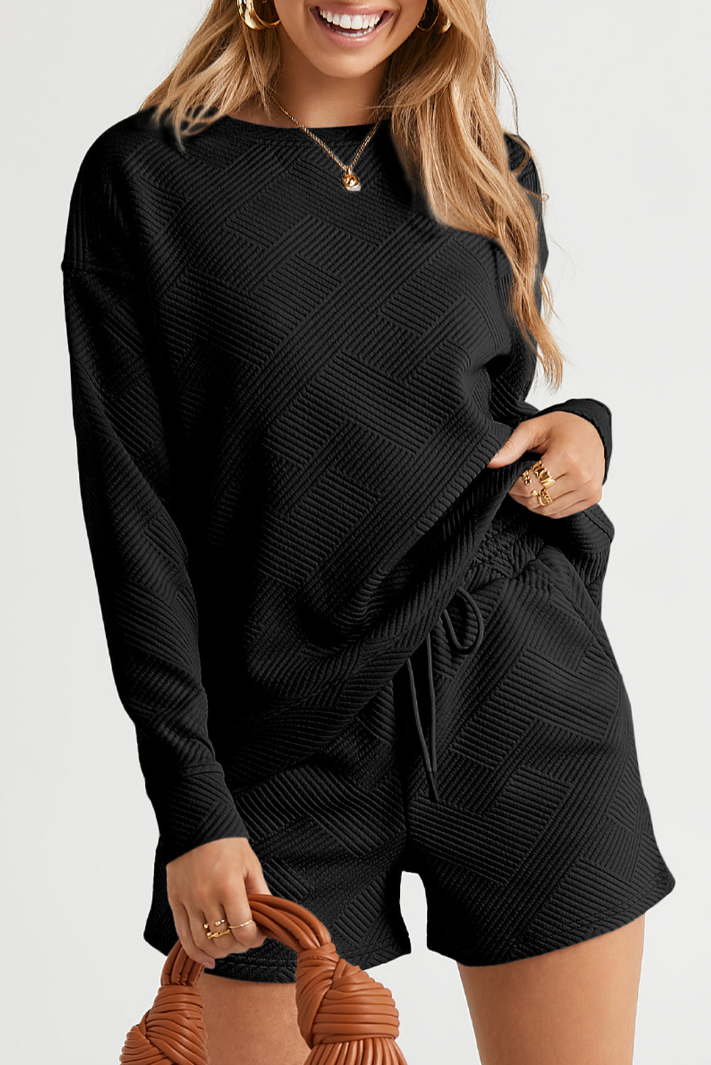 Green Textured Long Sleeve Top and Drawstring Shorts Set-Two Piece Sets/Short Sets-[Adult]-[Female]-Black-S-2022 Online Blue Zone Planet