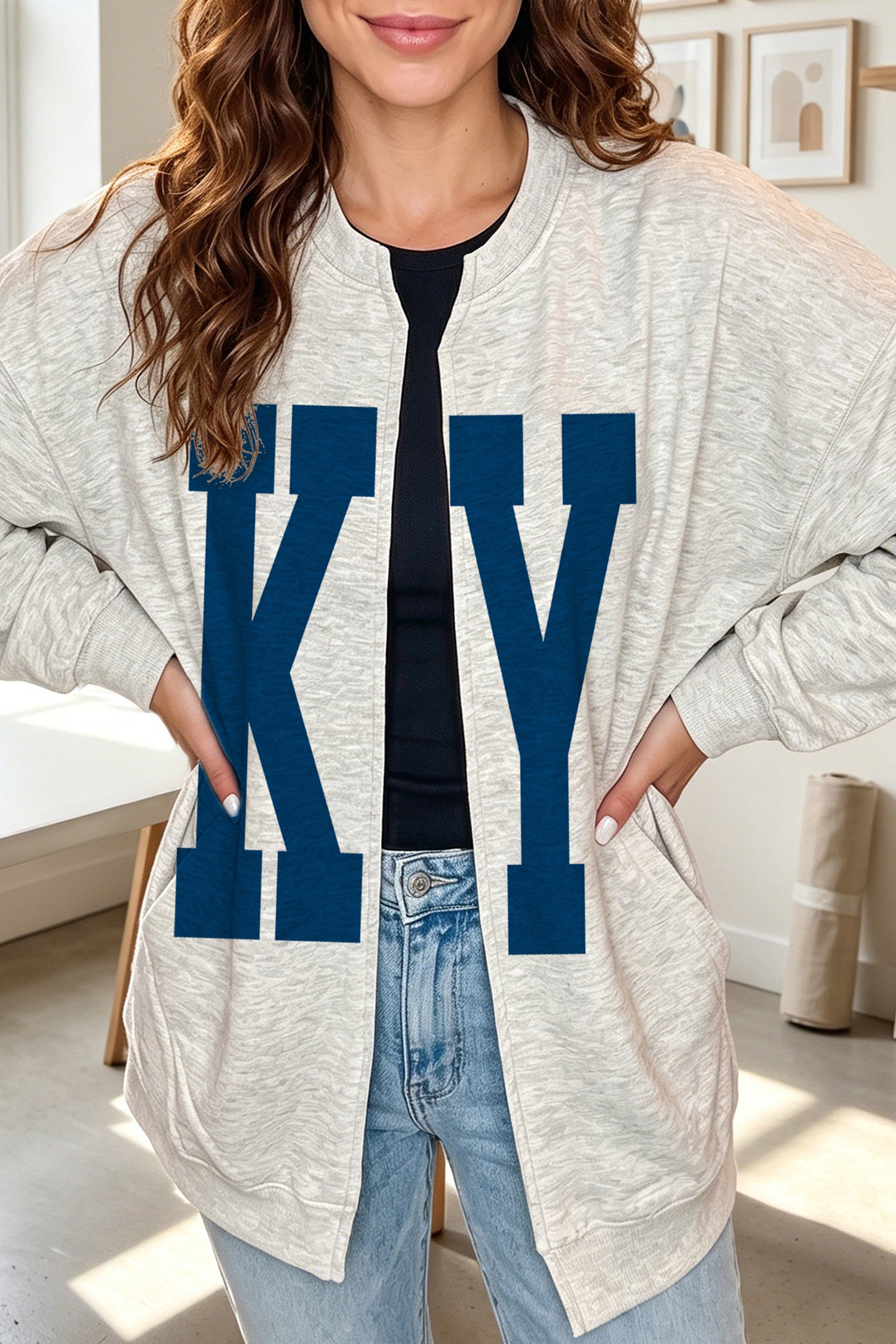 Light Grey Casual KY Open Front Tunic Sweatshirt-Graphic/Graphic Sweatshirts-[Adult]-[Female]-2022 Online Blue Zone Planet