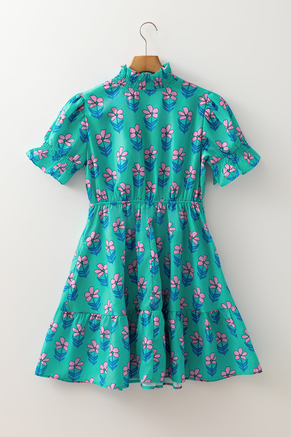 Green Floral Print Frilly Smocked Detail High Waist Mini Dress-TOPS / DRESSES-[Adult]-[Female]-2022 Online Blue Zone Planet