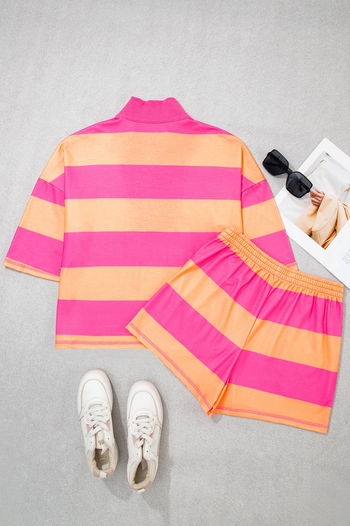 Pink Seam Detail Half Zip Tee Casual Shorts 2pcs Set-Two Piece Sets/Short Sets-[Adult]-[Female]-2022 Online Blue Zone Planet