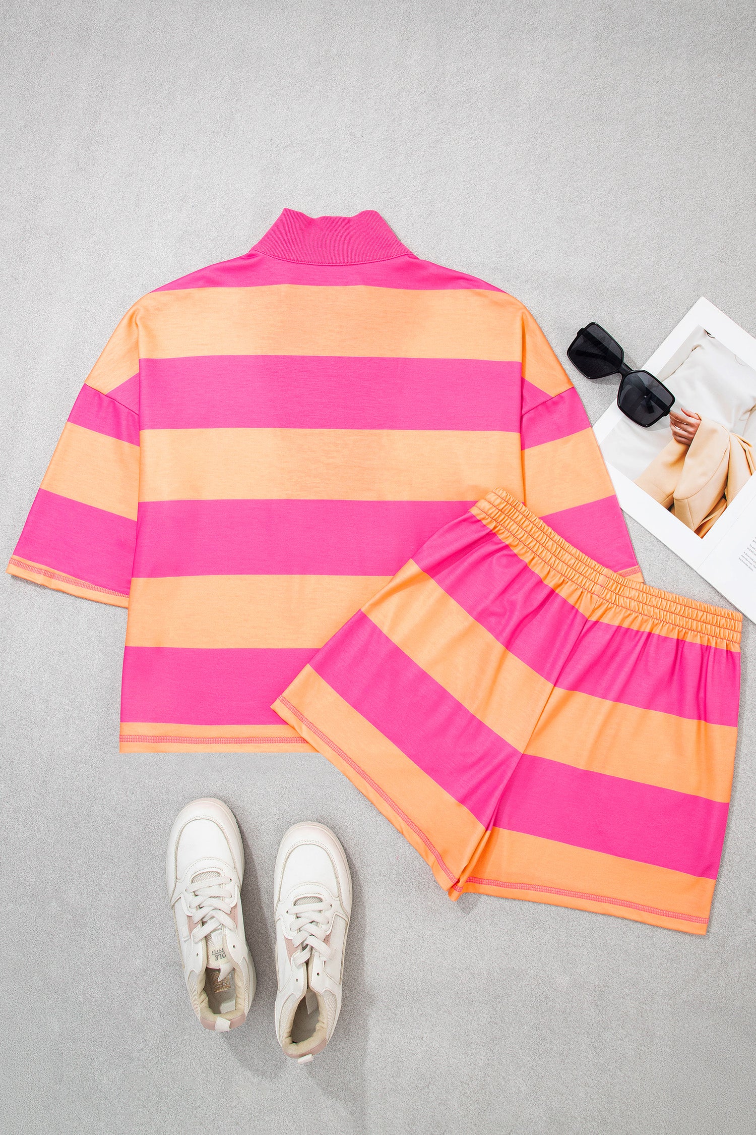 Pink Seam Detail Half Zip Tee Casual Shorts 2pcs Set-Two Piece Sets/Short Sets-[Adult]-[Female]-2022 Online Blue Zone Planet