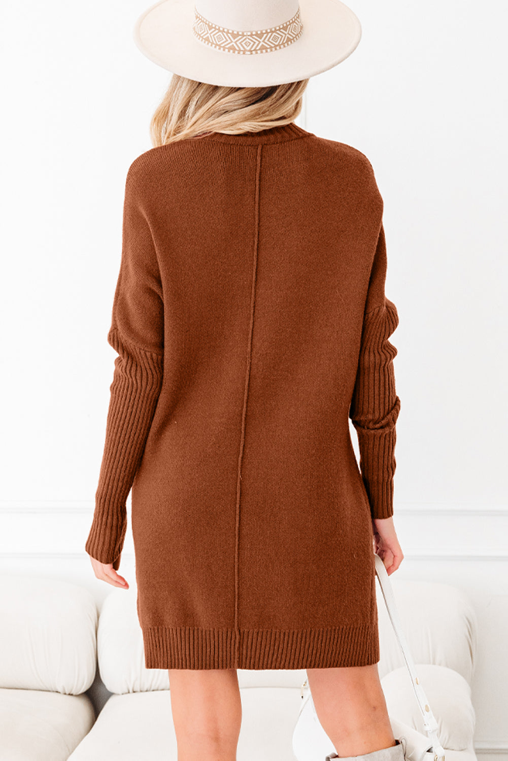 Chestnut Ribbed High Neck Front Pockets Center Seam Shift Sweater Dress-Sweaters & Cardigans/Sweater Dresses-[Adult]-[Female]-2022 Online Blue Zone Planet