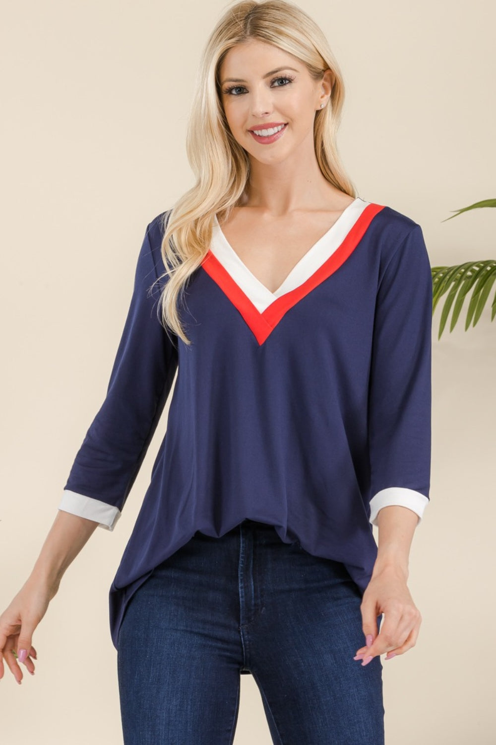 Celeste Full Size Celeste Full Size V-Neck Contrast T-Shirt-TOPS / DRESSES-[Adult]-[Female]-Navy/Ivory/Dk Coral-S-2022 Online Blue Zone Planet