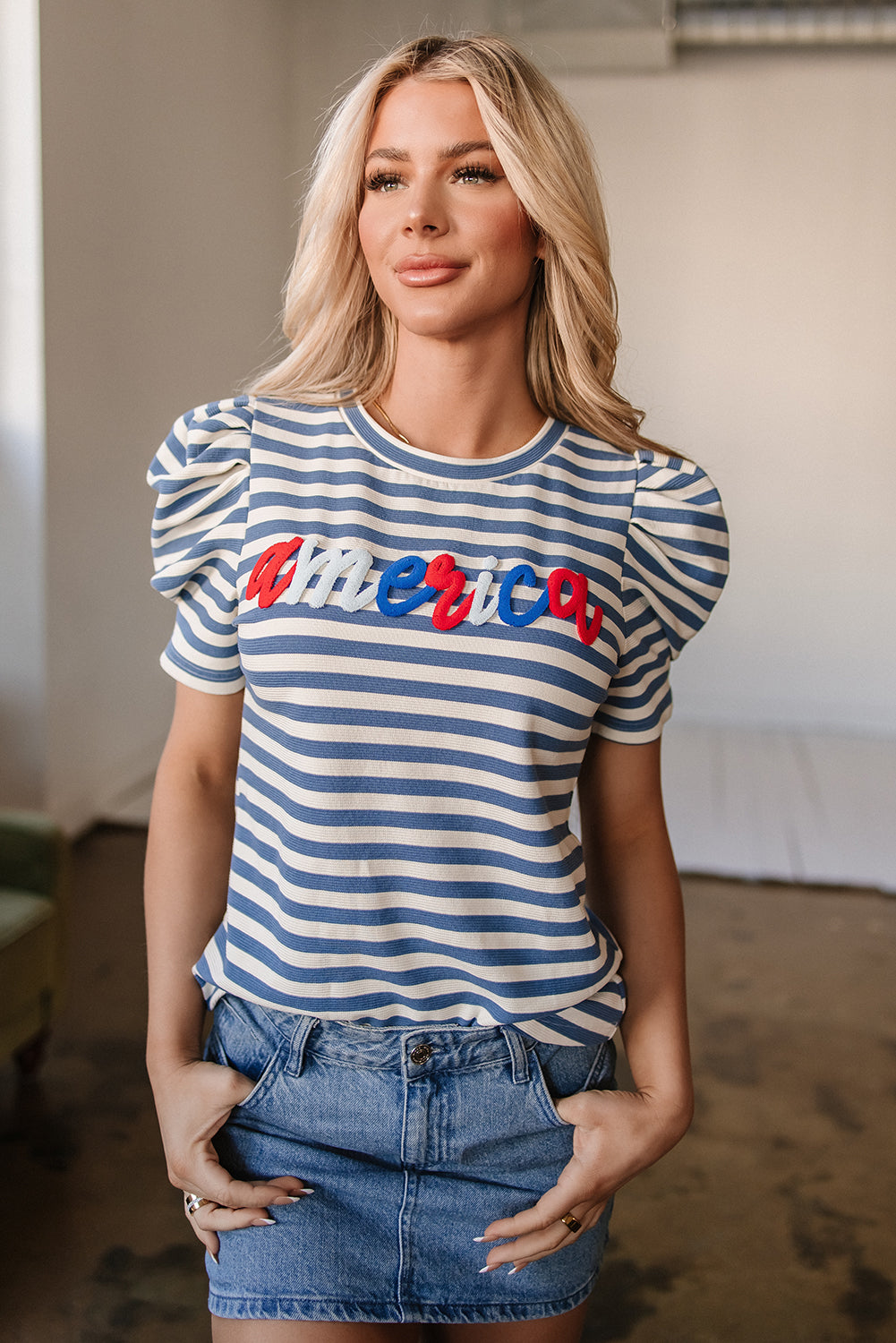 Blue Stripe America Cursive Graphic Puff Sleeve T-shirt-Tops/Tops & Tees-[Adult]-[Female]-2022 Online Blue Zone Planet