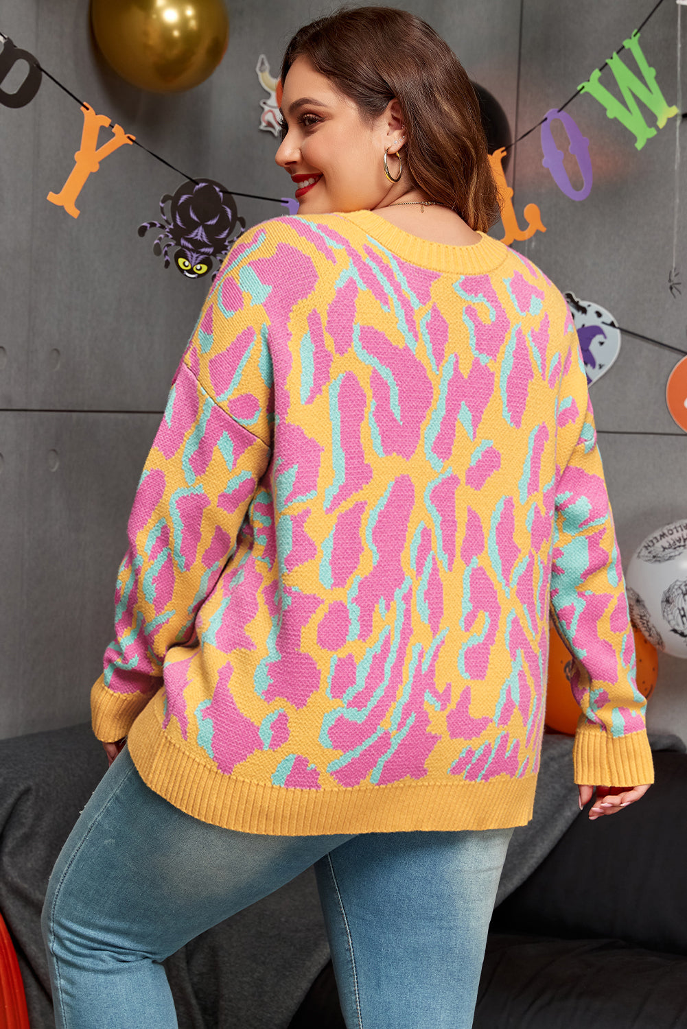 Blue Zone Planet | Bright Pink Plus Size Leopard Ribbed Trim Sweater-Plus Size/Plus Size Sweaters & Cardigans-[Adult]-[Female]-2022 Online Blue Zone Planet