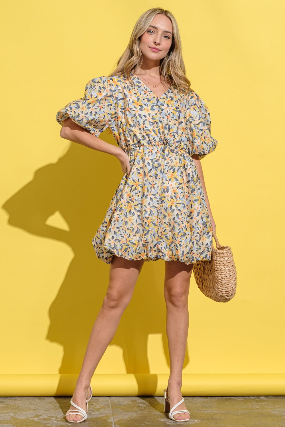 Blue Zone Planet | And The Why Full Size Floral Surplice Puff Sleeve Dress-TOPS / DRESSES-[Adult]-[Female]-Yellow Multi-S-2022 Online Blue Zone Planet