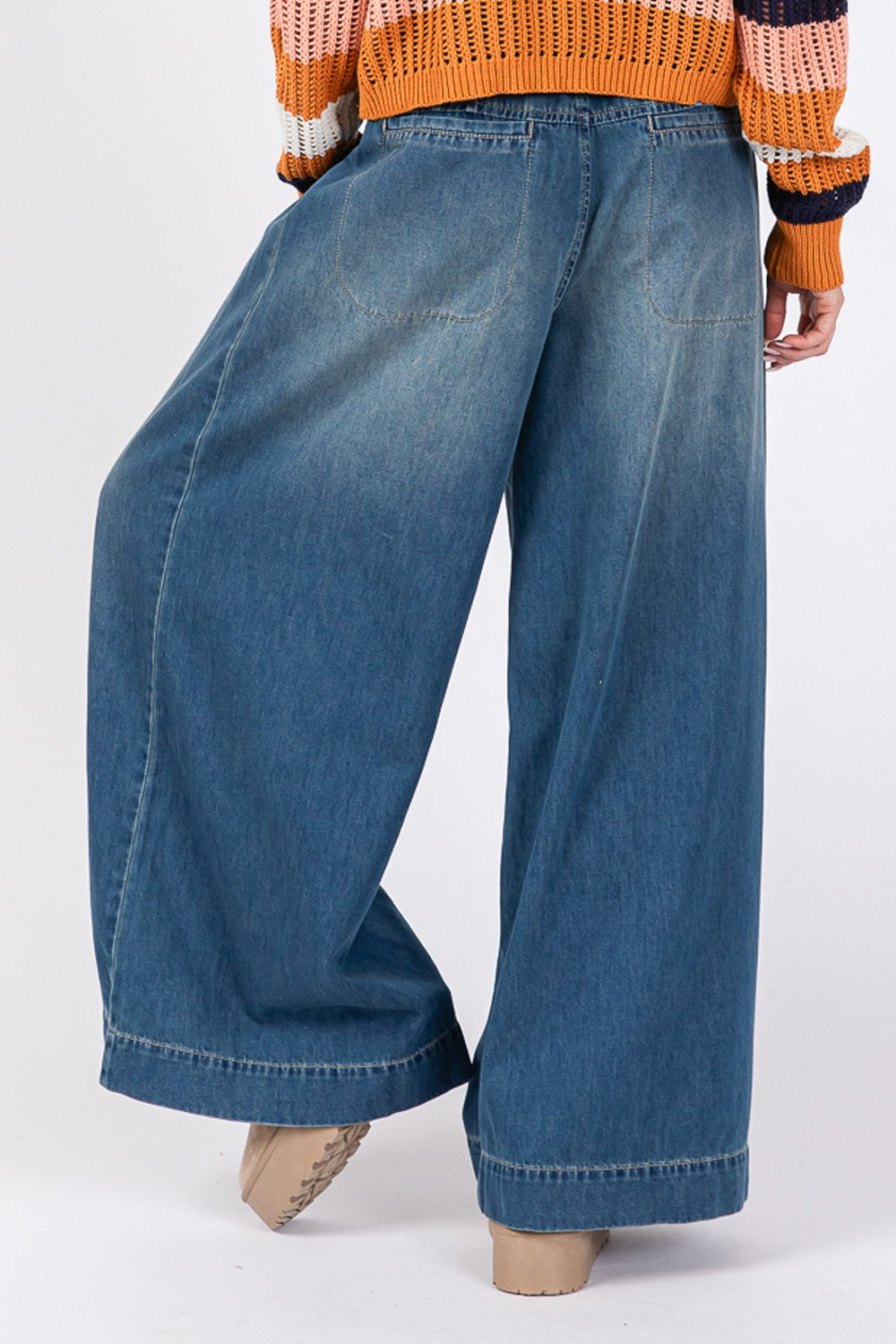 SAGE+FIG Smocked Waist Band Wide Leg Jeans-BOTTOMS SIZES SMALL MEDIUM LARGE-[Adult]-[Female]-2022 Online Blue Zone Planet