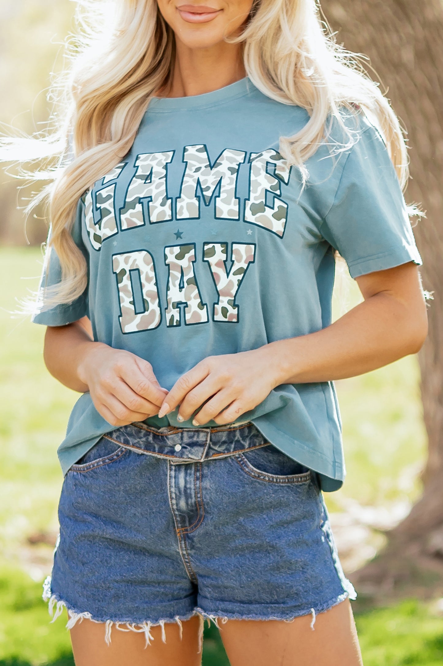 Stone Blue Camo Game Day Graphic T Shirt-Tops/Tops & Tees-[Adult]-[Female]-2022 Online Blue Zone Planet