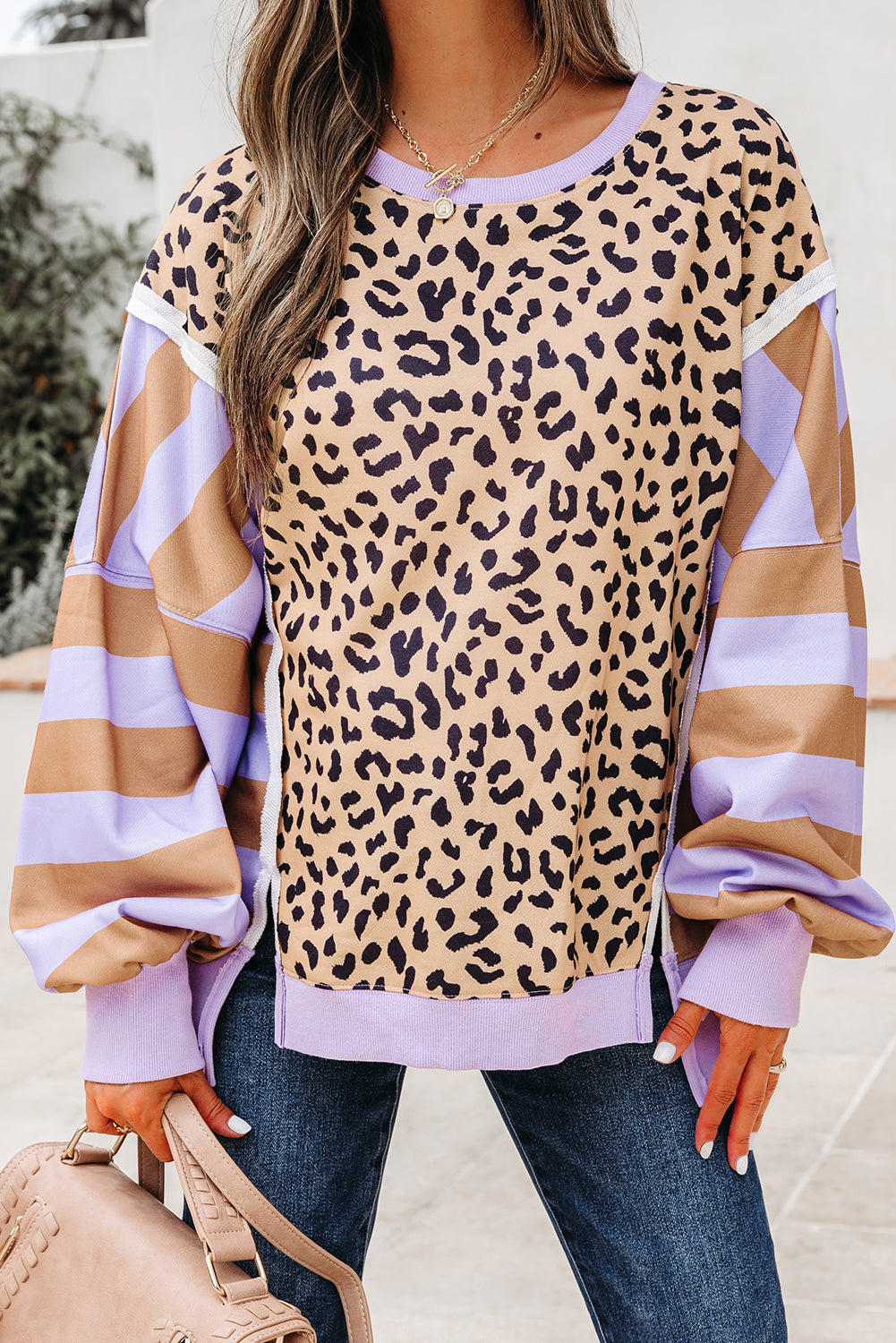 Purple Stripe Color Block Patchwork Leopard Casual Sweatshirt with Slits-Tops/Sweatshirts & Hoodies-[Adult]-[Female]-2022 Online Blue Zone Planet