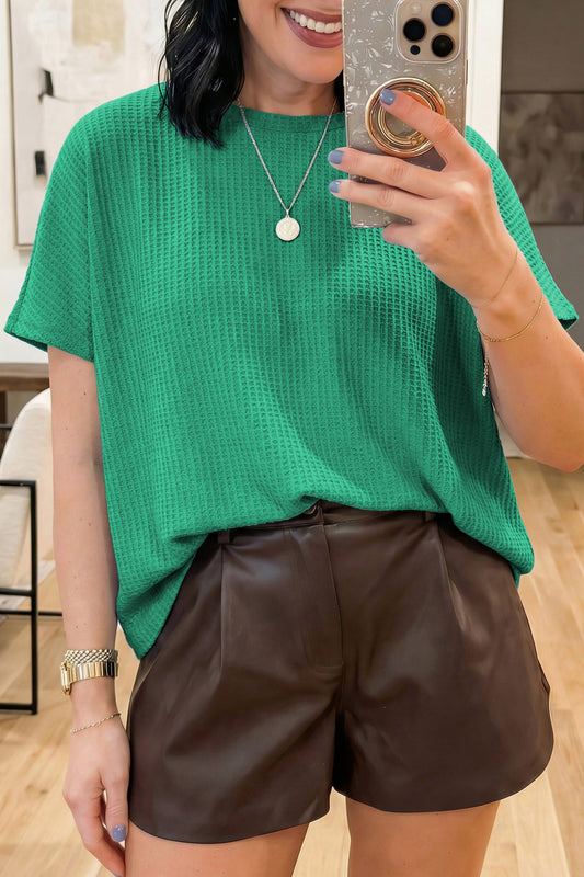 Sea Green Waffle Textured Knit Dolman Short Sleeve Loose Top-Tops/Tops & Tees-[Adult]-[Female]-Sea Green-S-2022 Online Blue Zone Planet