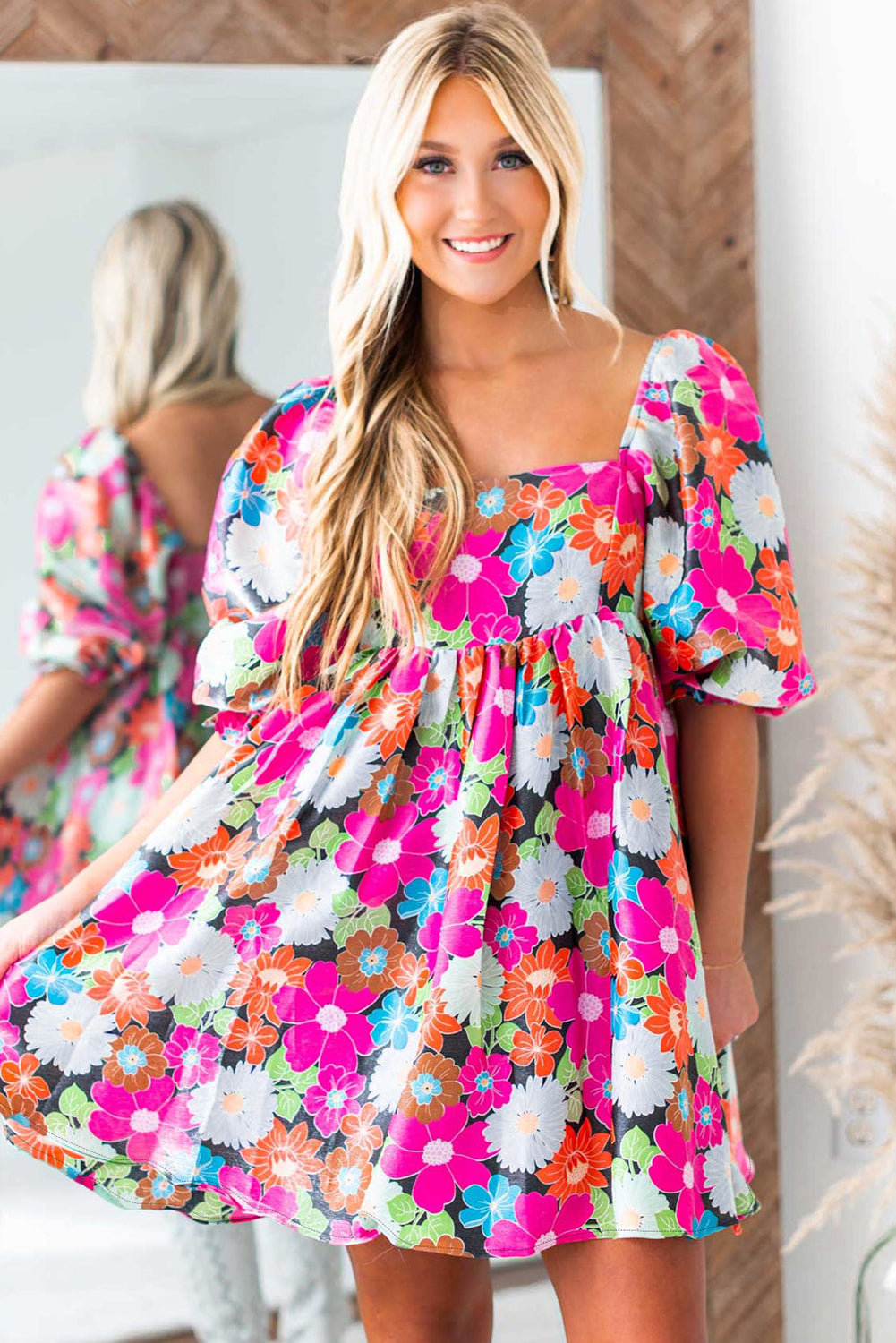 Blue Zone Planet | Rose Floral Print Square Neck Short Puff Sleeve Dress-TOPS / DRESSES-[Adult]-[Female]-2022 Online Blue Zone Planet