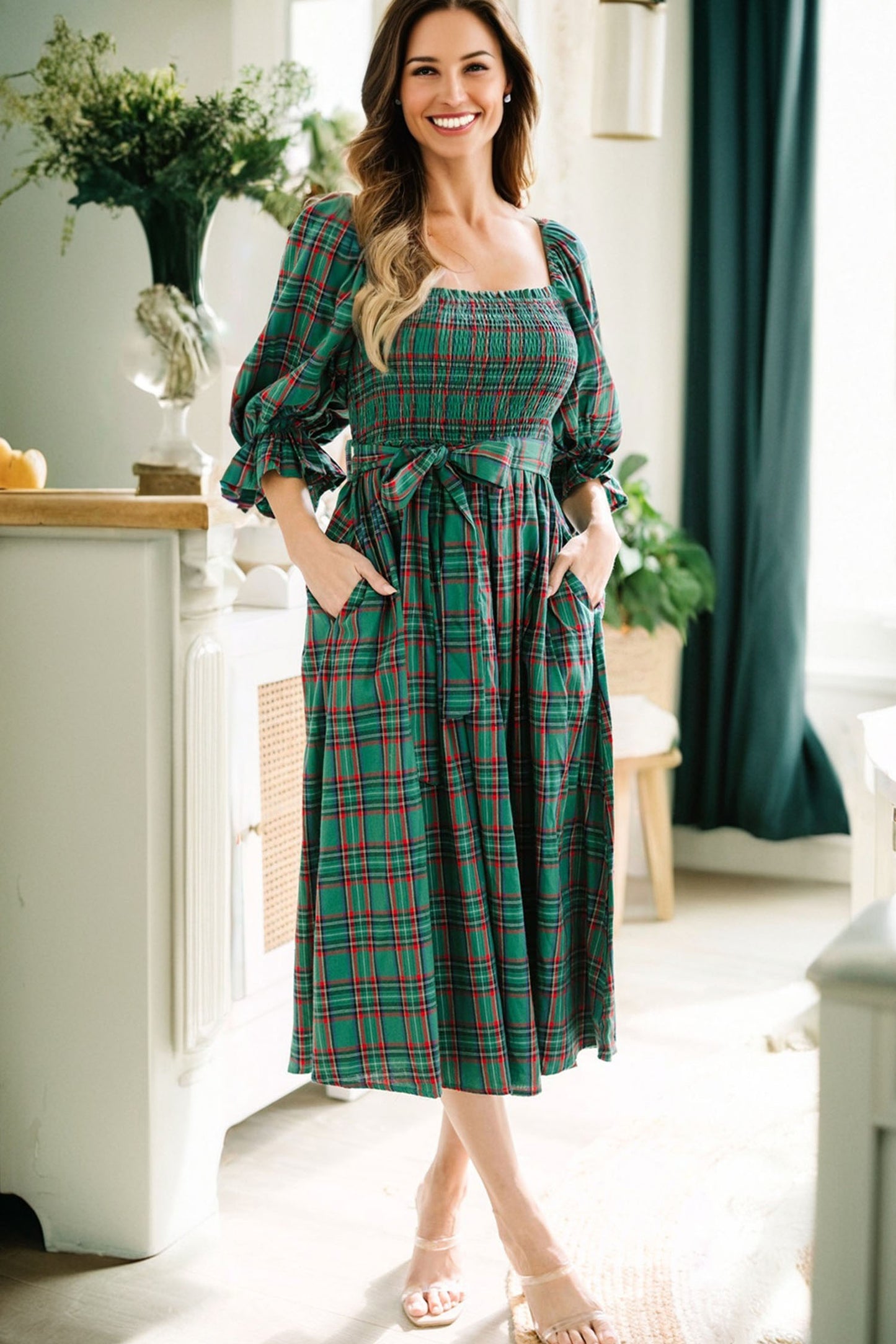 Green Tartan Plaid Square Neck Puff Sleeve Knot Waist Flared Midi Dress-TOPS / DRESSES-[Adult]-[Female]-2022 Online Blue Zone Planet