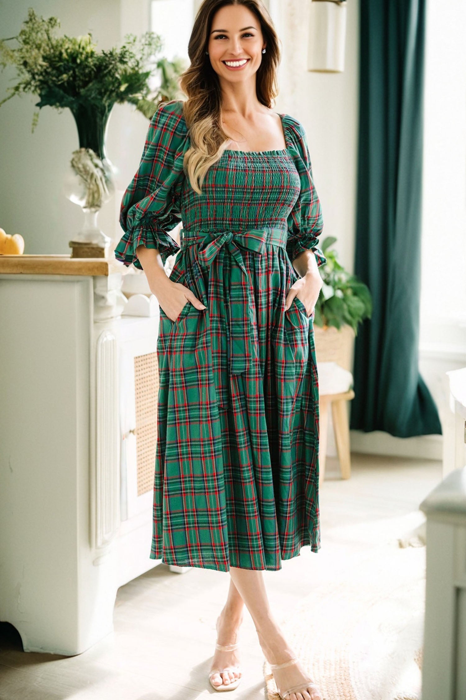 Green Tartan Plaid Square Neck Puff Sleeve Knot Waist Flared Midi Dress-TOPS / DRESSES-[Adult]-[Female]-2022 Online Blue Zone Planet