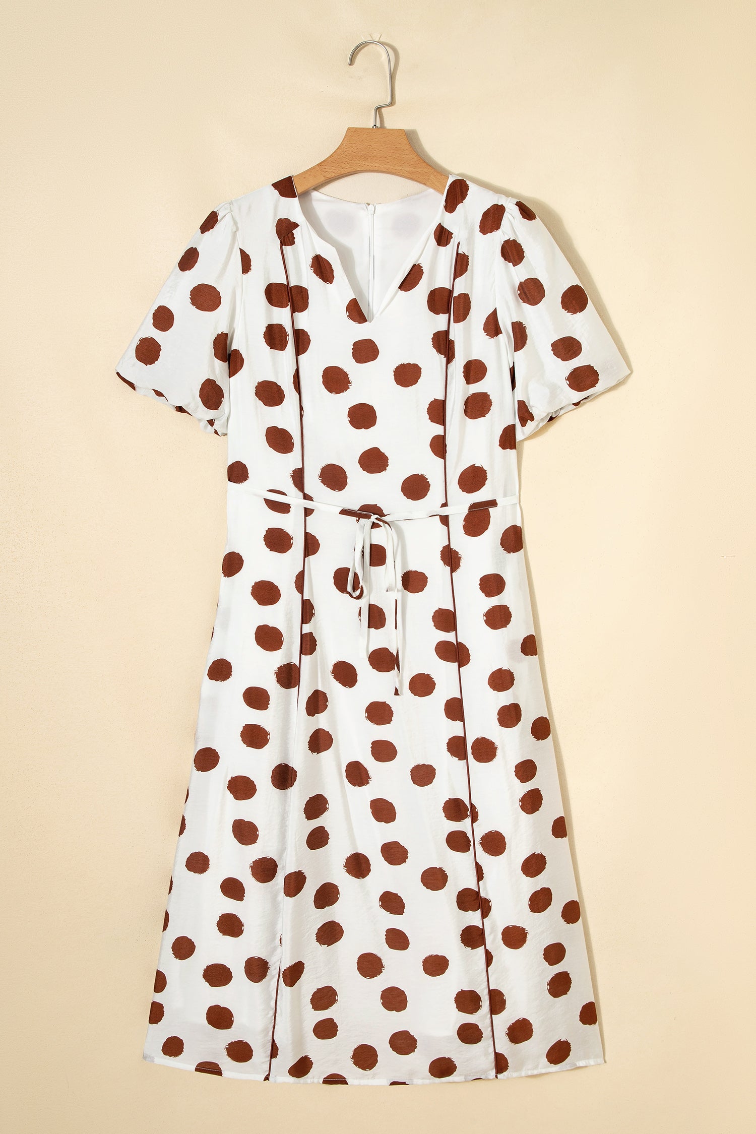 White Polka Dot Printed V Neck Short Sleeve Tie Waist Midi Dress-TOPS / DRESSES-[Adult]-[Female]-2022 Online Blue Zone Planet