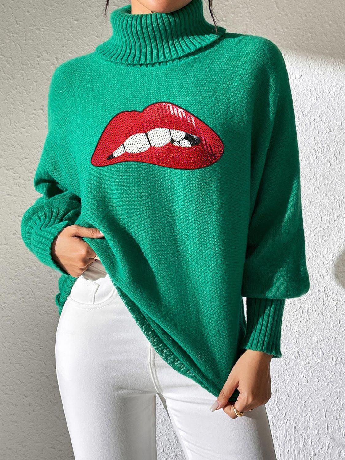 Lip Turtleneck Long Sleeve Sweater-TOPS / DRESSES-[Adult]-[Female]-Green-S-2022 Online Blue Zone Planet