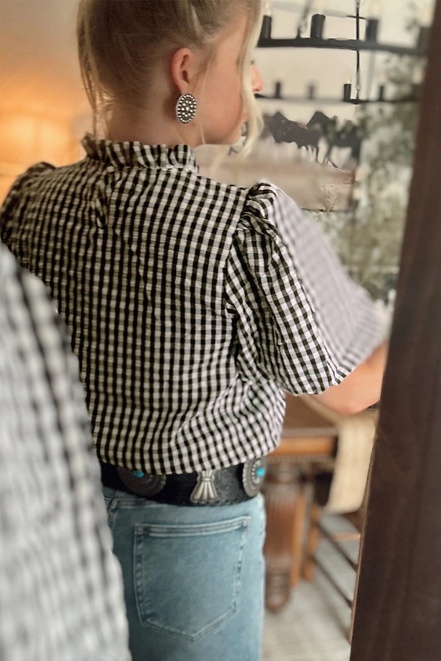 Black Plaid Short Puff Sleeve Frilled Neck Blouse-Tops/Blouses & Shirts-[Adult]-[Female]-2022 Online Blue Zone Planet