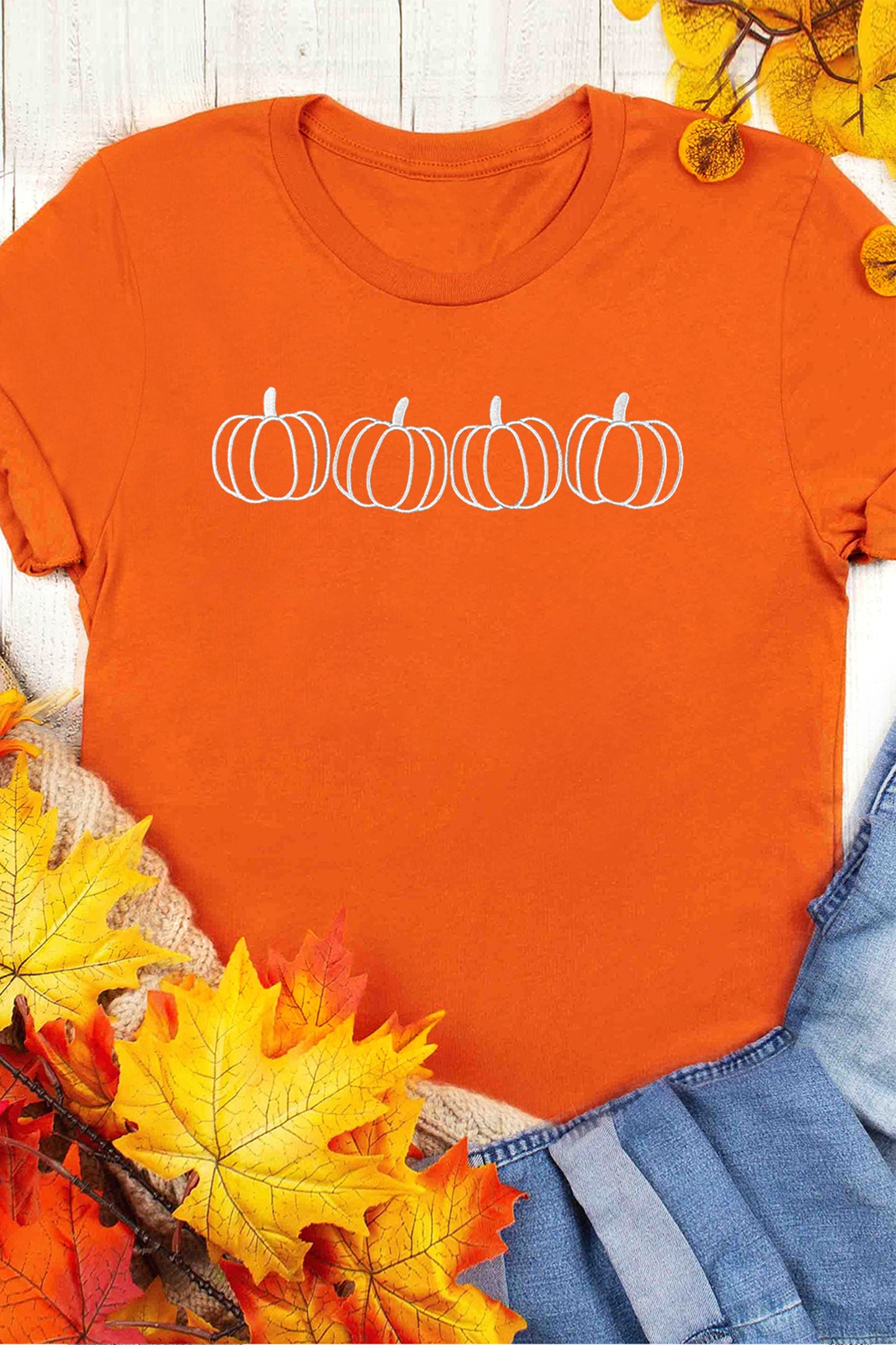 Orange Casual Pumpkin Embroidered Round Neck T-Shirt