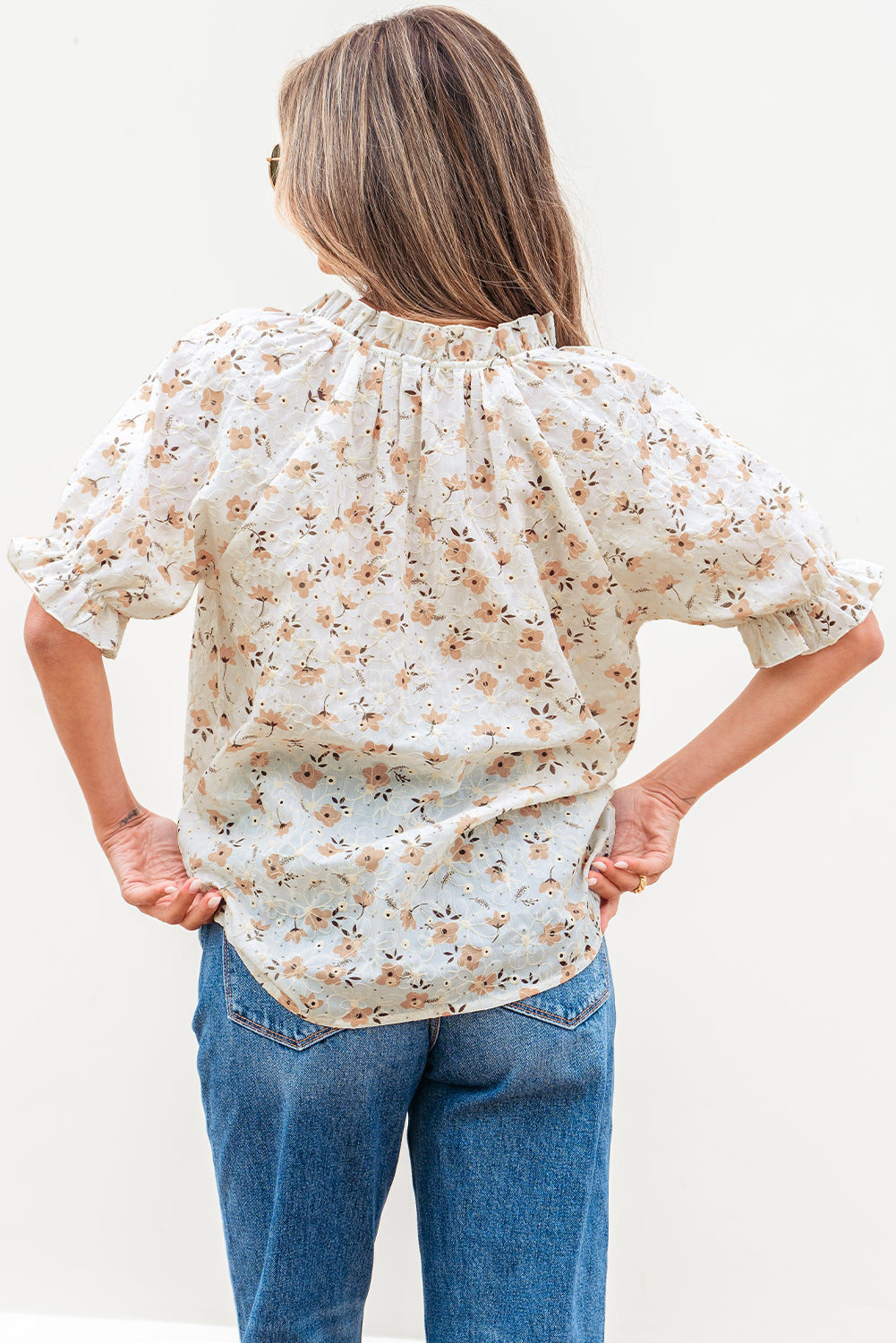 White Floral Eyelet Embroidered Puff Sleeve Notch V Neck Blouse-Tops/Blouses & Shirts-[Adult]-[Female]-2022 Online Blue Zone Planet
