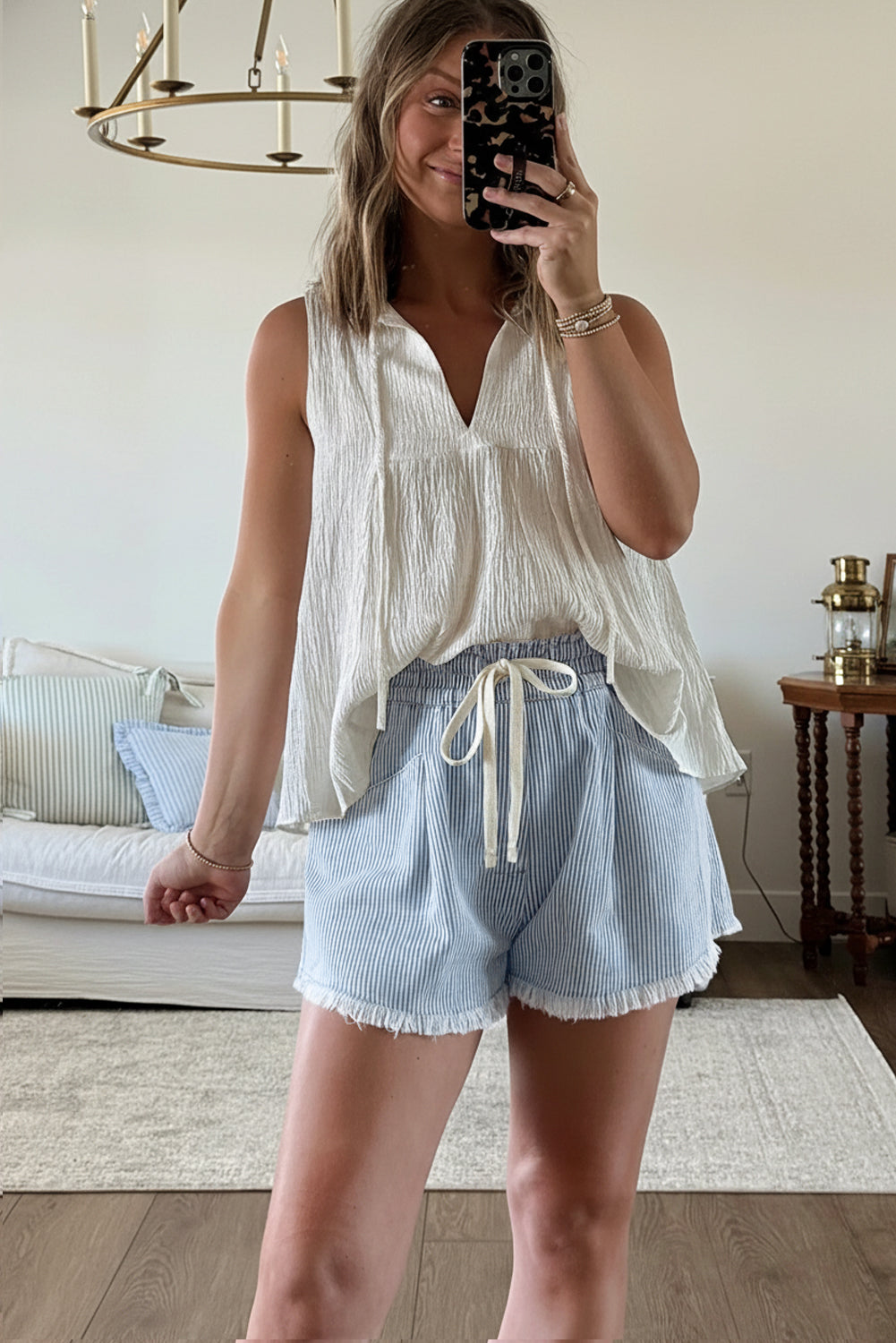 Sky Blue Stripe Raw Edge Drawstring Elastic Waist Casual Denim Shorts-Bottoms/Denim Shorts-[Adult]-[Female]-2022 Online Blue Zone Planet