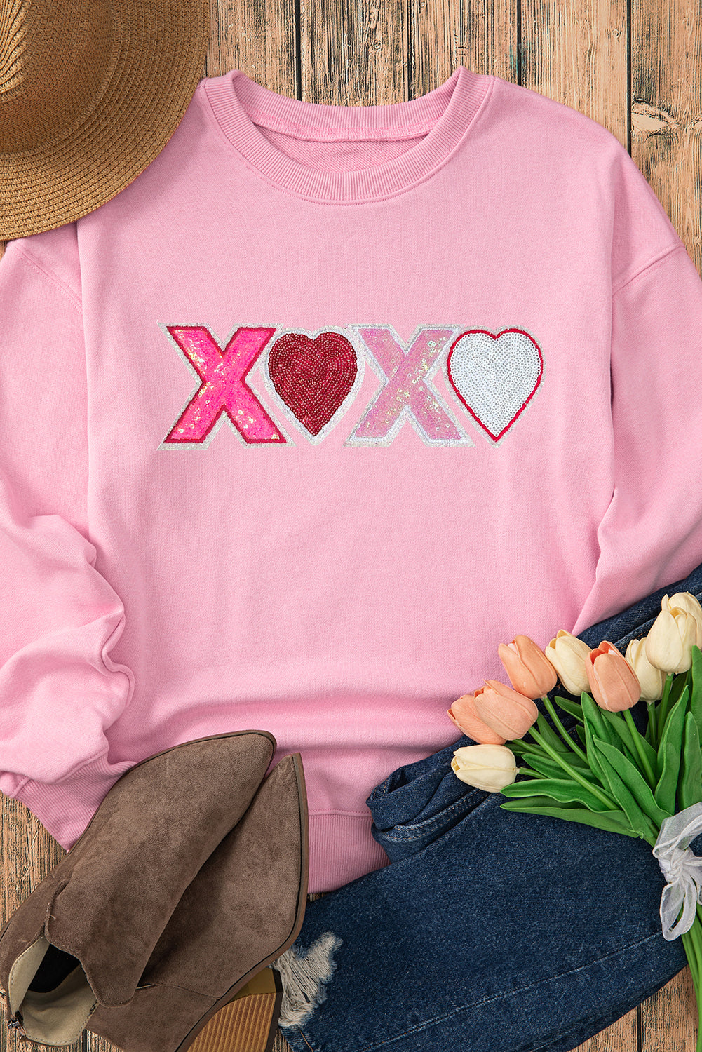 Pink Sequin Heart XOXO Graphic Drop Shoulder Valentines Sweatshirt-Graphic Sweatshirts-[Adult]-[Female]-2022 Online Blue Zone Planet