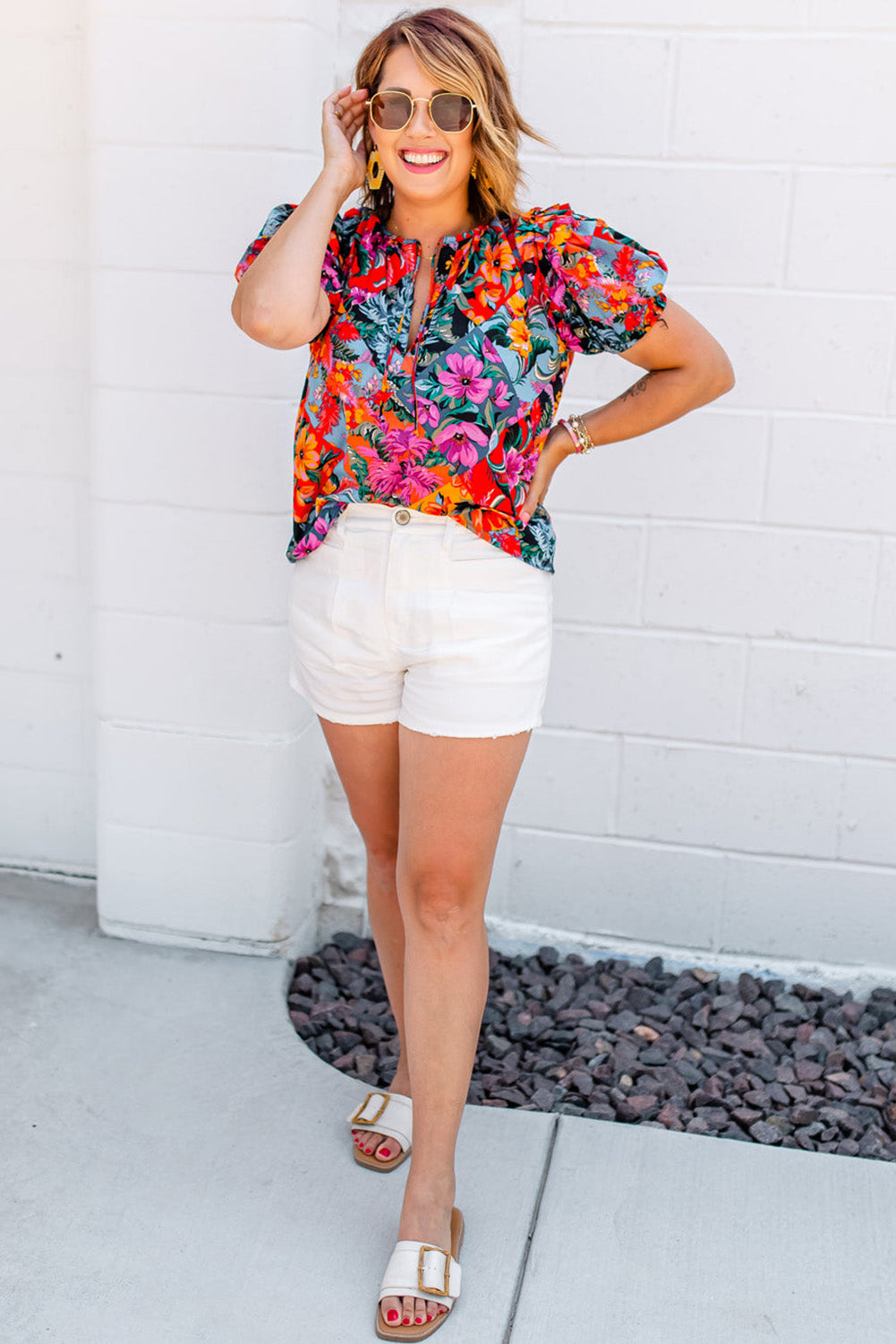 Blue Zone Planet |  Multicolour Floral Print Ruffle Trim Bubble Sleeve Split Neck Blouse Blue Zone Planet