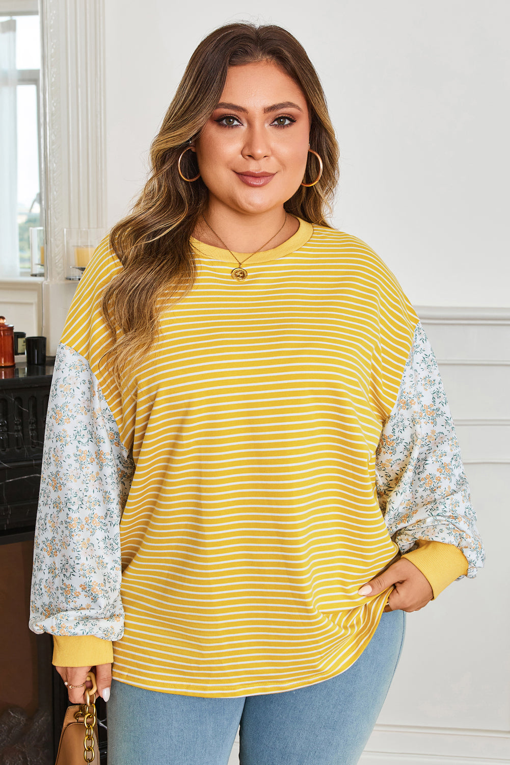 Yellow Stripe Striped Contrast Floral Sleeve Patchwork Plus Size Loose Top-Plus Size/Plus Size Tops/Plus Size Long Sleeve Tops-[Adult]-[Female]-2022 Online Blue Zone Planet