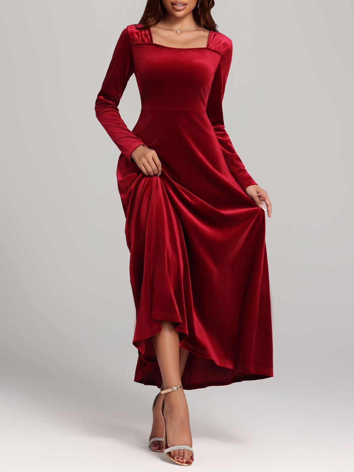 Blue Zone Planet | Square Neck Long Sleeve Velvet Dress-TOPS / DRESSES-[Adult]-[Female]-2022 Online Blue Zone Planet