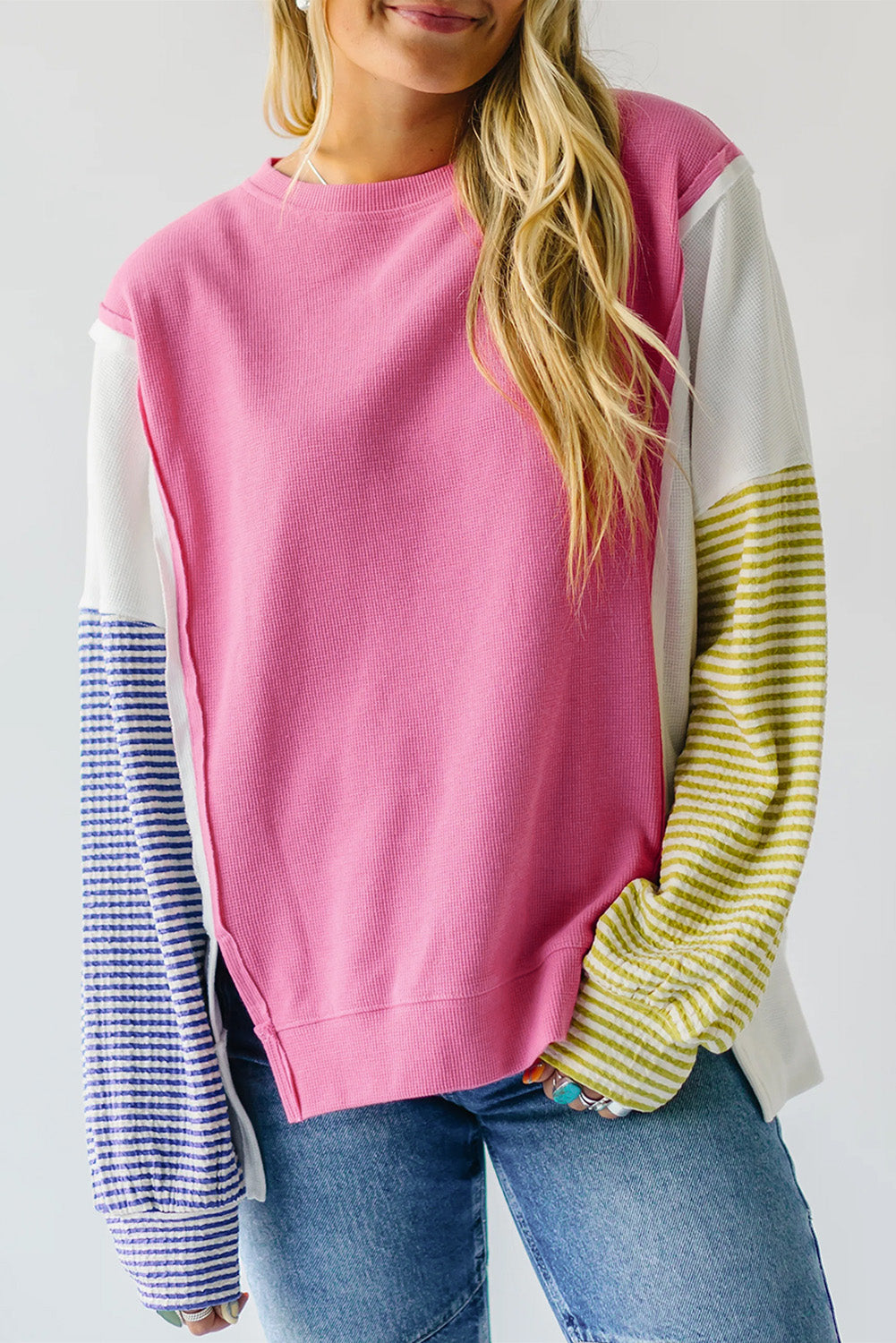 Sachet Pink Exposed Seam Striped Color Block Patchwork Long Sleeve Top-Tops/Long Sleeve Tops-[Adult]-[Female]-Sachet Pink-S-2022 Online Blue Zone Planet