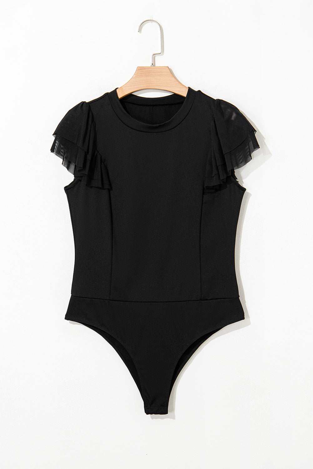 Black Solid Ruffled Mesh Patchwork Sleeve Bodysuit-Tops/Bodysuits-[Adult]-[Female]-2022 Online Blue Zone Planet