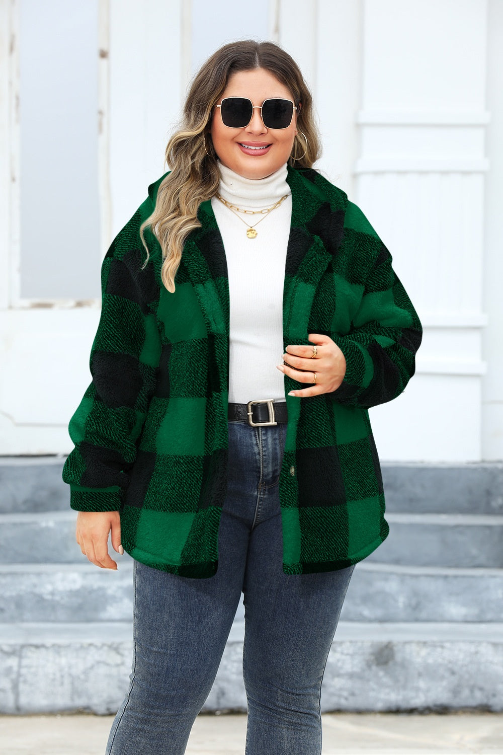 Plus Size Plaid Button Up Hooded Jacket-TOPS / DRESSES-[Adult]-[Female]-Dark Green-1XL-2022 Online Blue Zone Planet