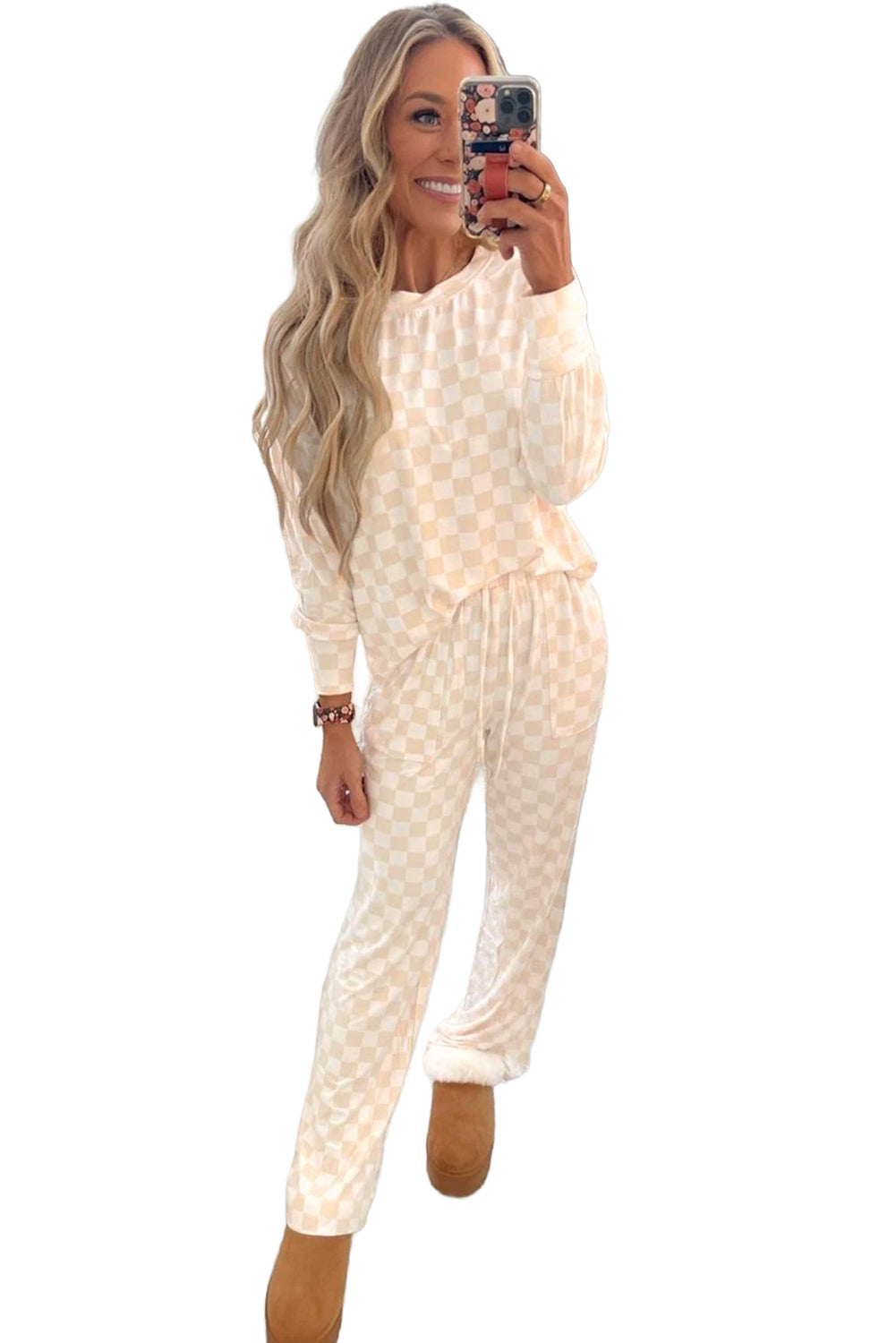 Blue Zone Planet | Beige Checkered Print Long Sleeve Loose Fit Pajama Set-Loungewear Set-[Adult]-[Female]-2022 Online Blue Zone Planet